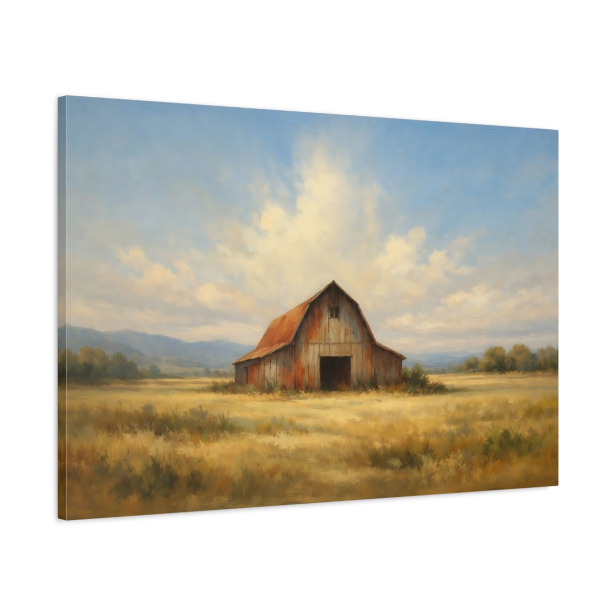 Side Mockup 1. Nature Rustic Barn Barn Landscape shown as stretched canvas wall art