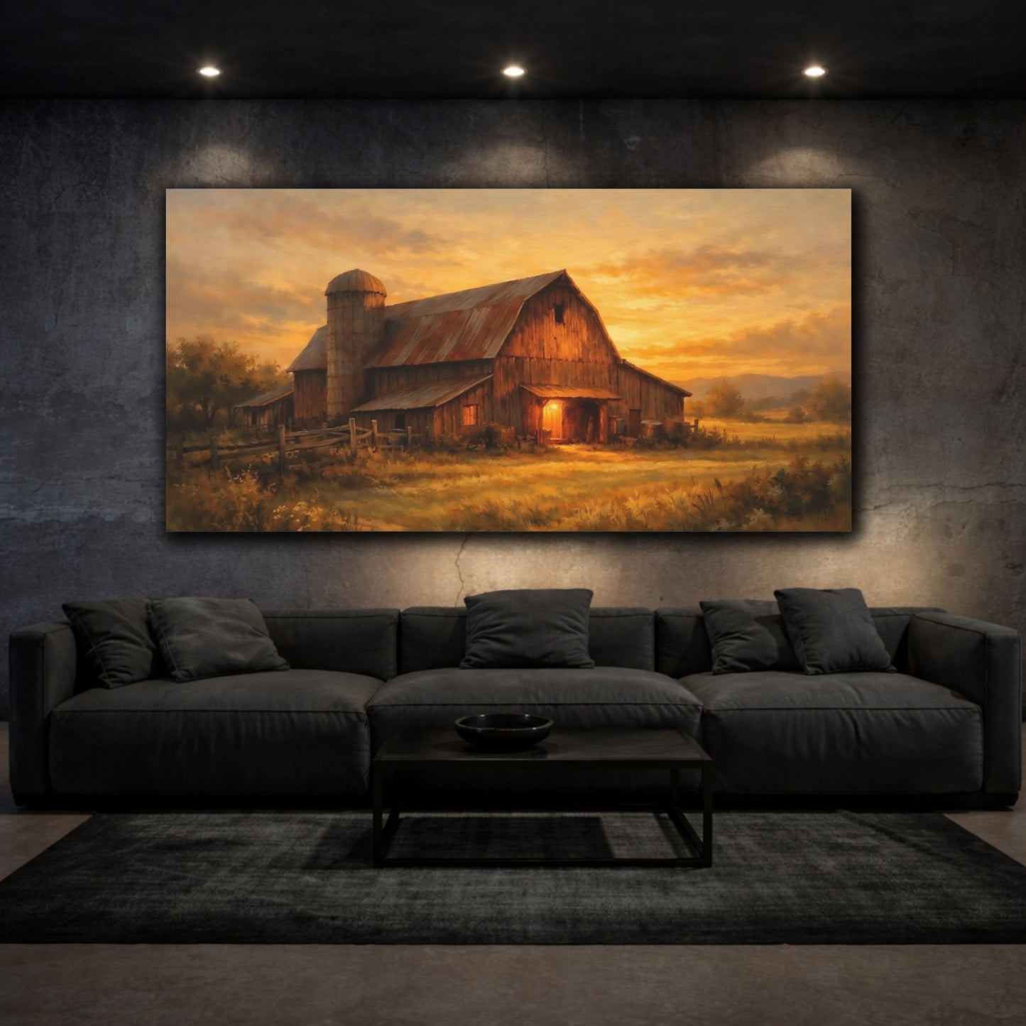Mockup 2. Nature Rustic Barn Orange Barn Sunset shown as stretched canvas wall art