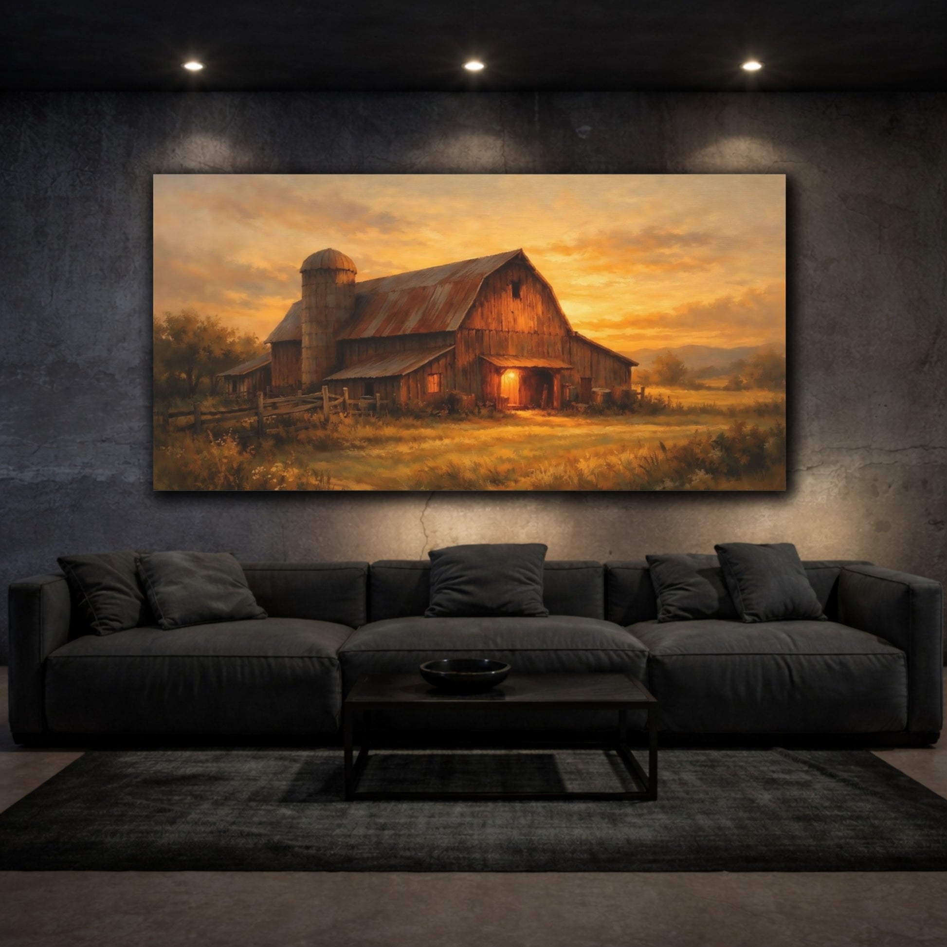 Mockup 2. Nature Rustic Barn Orange Barn Sunset shown as stretched canvas wall art
