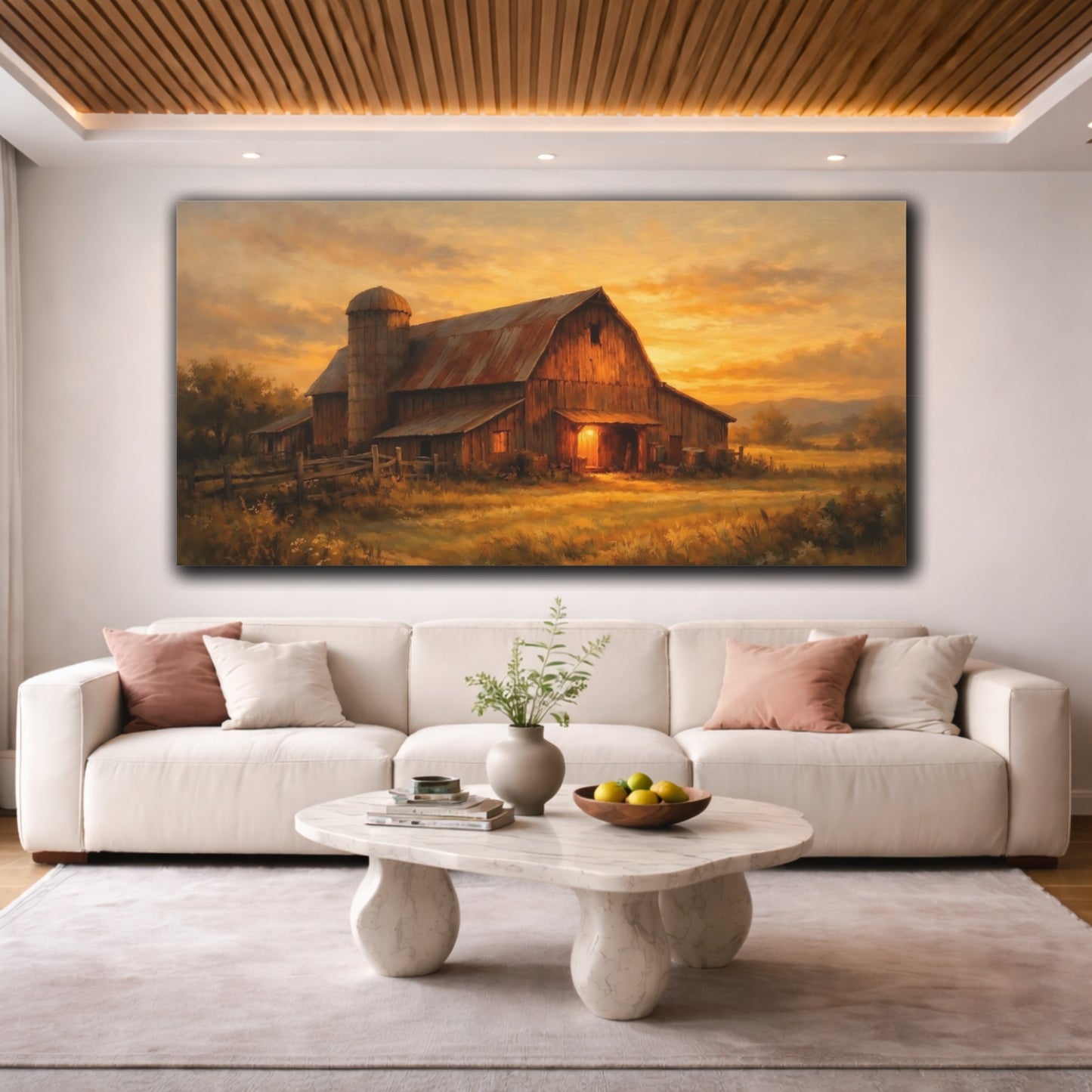 Mockup 3. Nature Rustic Barn Orange Barn Sunset shown as stretched canvas wall art