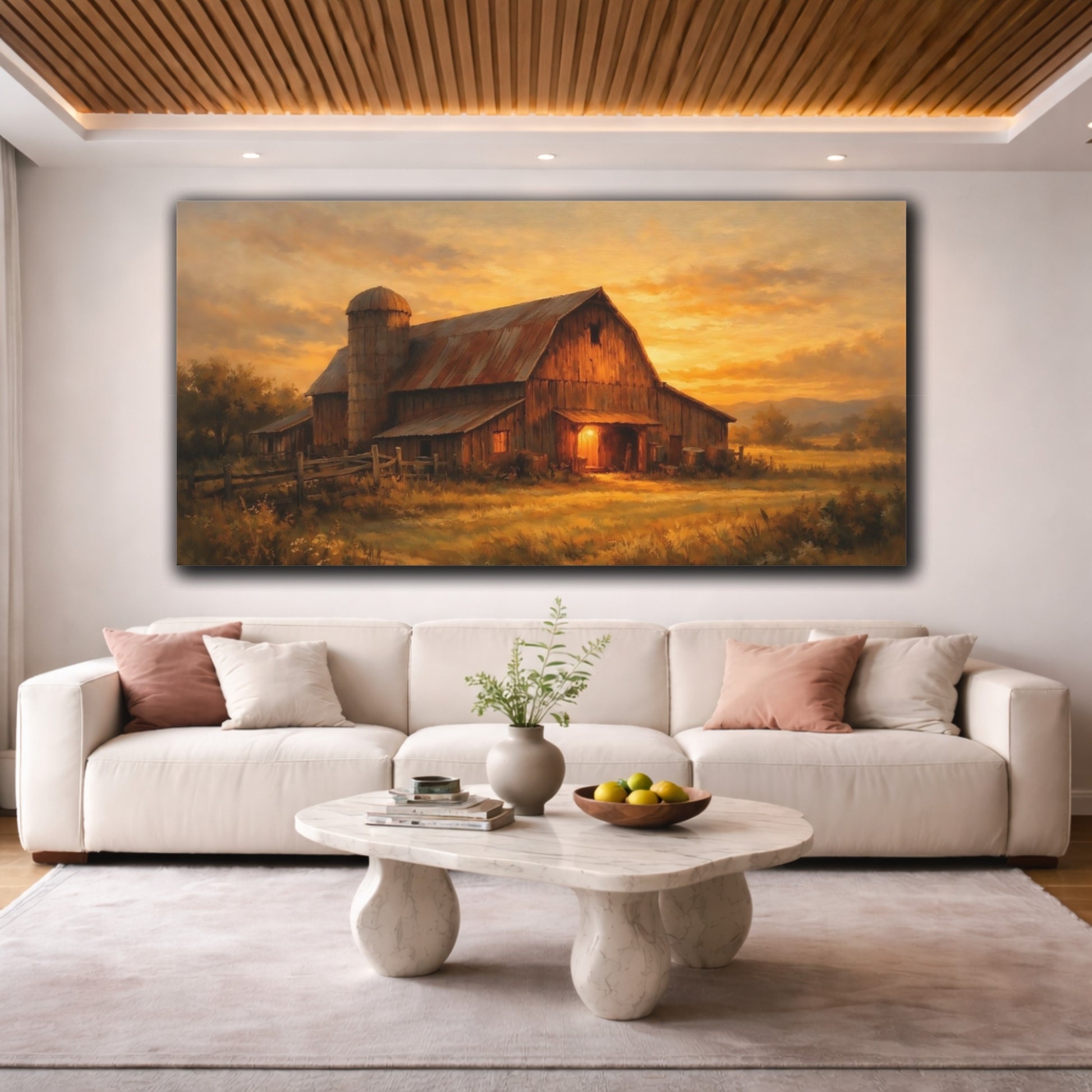 Mockup 3. Nature Rustic Barn Orange Barn Sunset shown as stretched canvas wall art