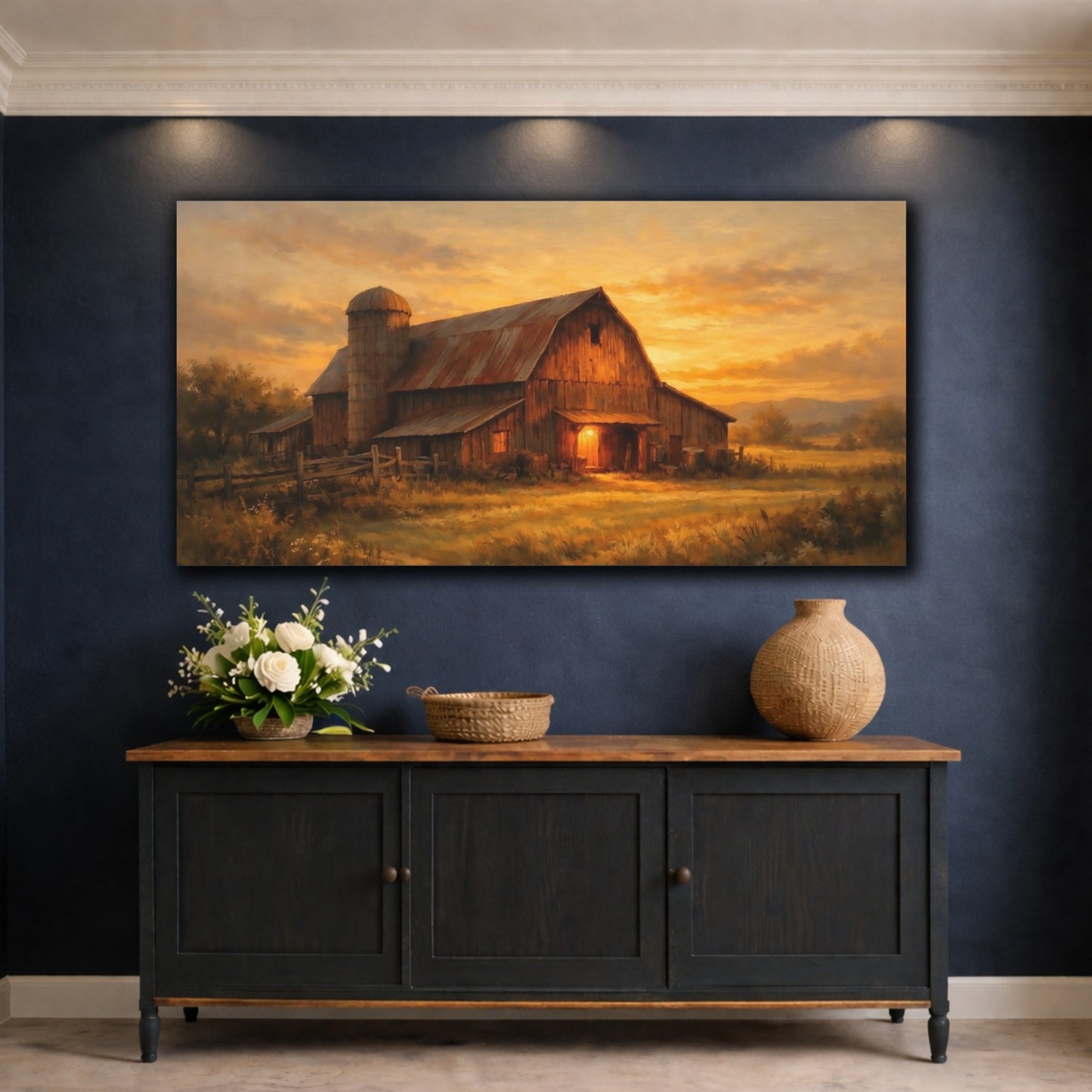 Mockup 4. Nature Rustic Barn Orange Barn Sunset shown as stretched canvas wall art