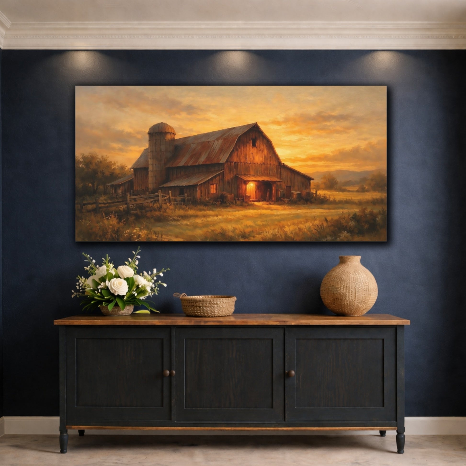 Mockup 4. Nature Rustic Barn Orange Barn Sunset shown as stretched canvas wall art