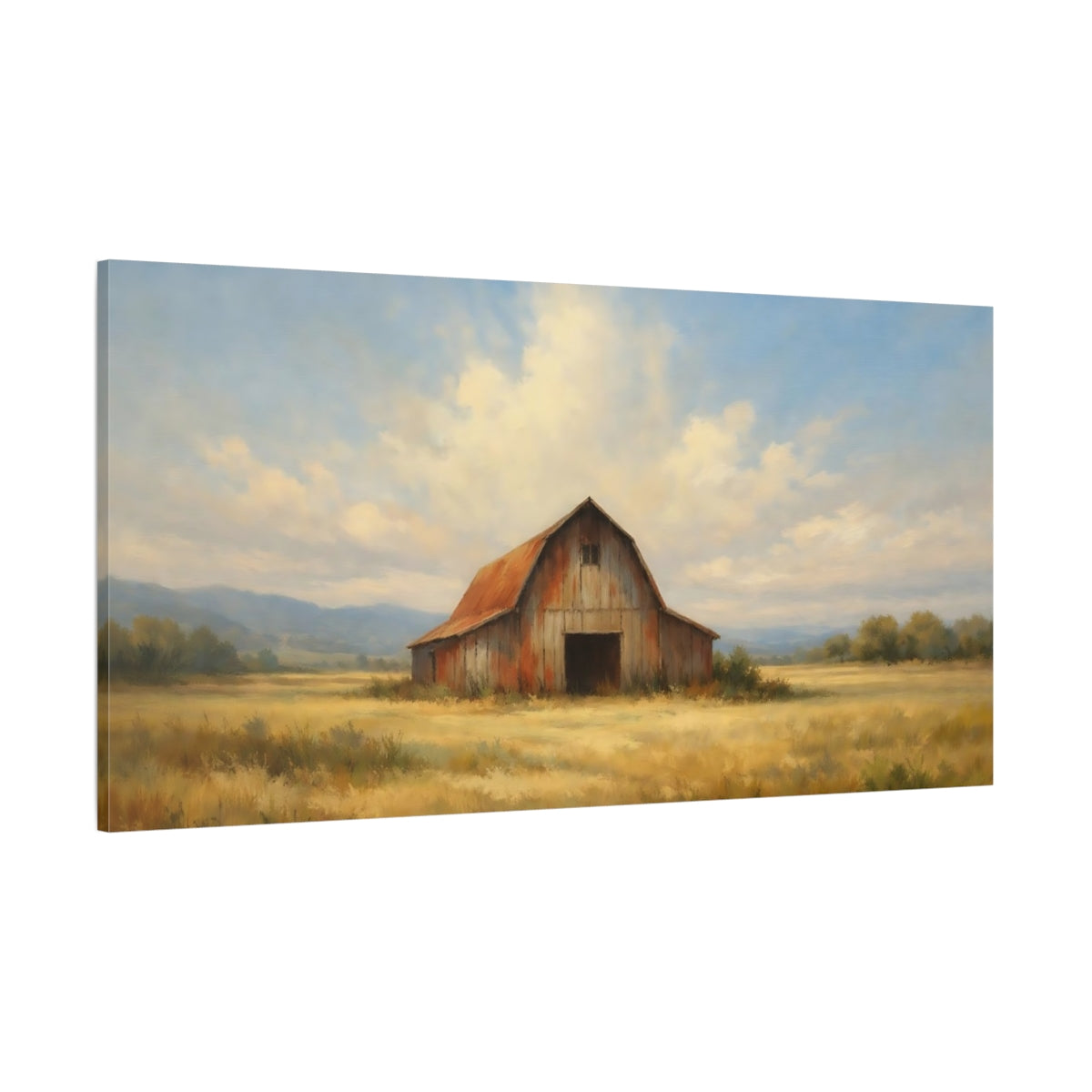 Main Mockup. Nature Rustic Barn Red Barn Golden Field shown as stretched canvas wall art
