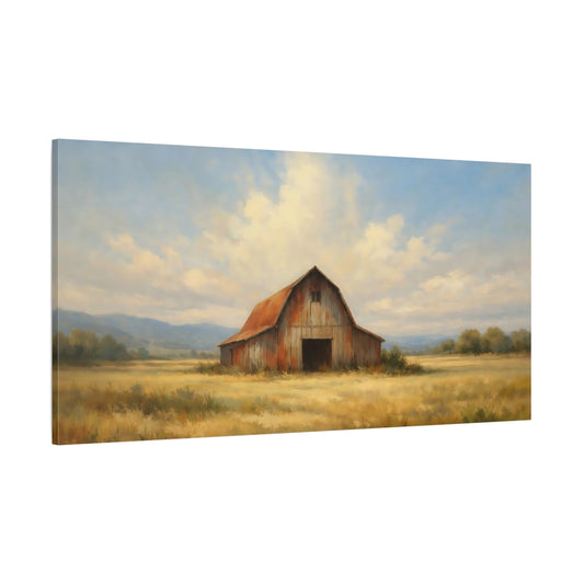 Main Mockup. Nature Rustic Barn Red Barn Golden Field shown as stretched canvas wall art