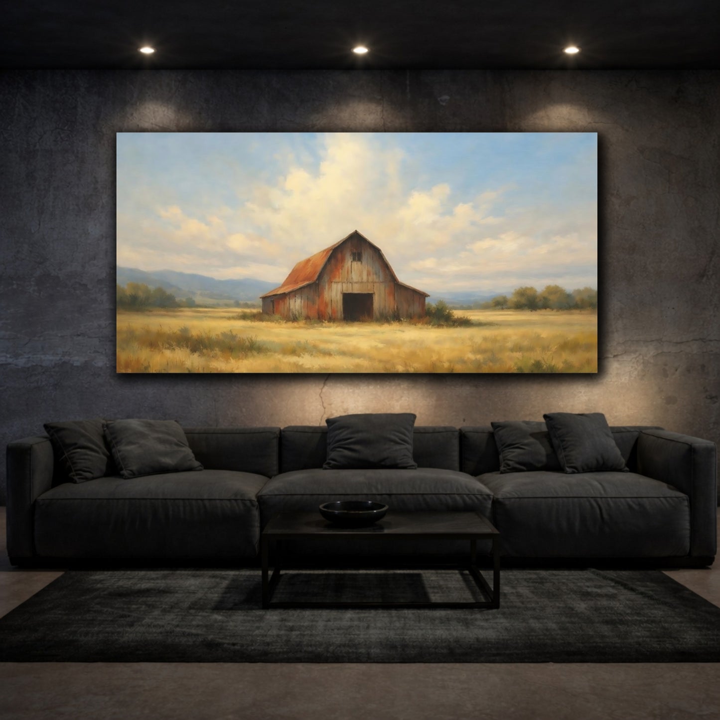 Mockup 2. Nature Rustic Barn Red Barn Golden Field shown as stretched canvas wall art