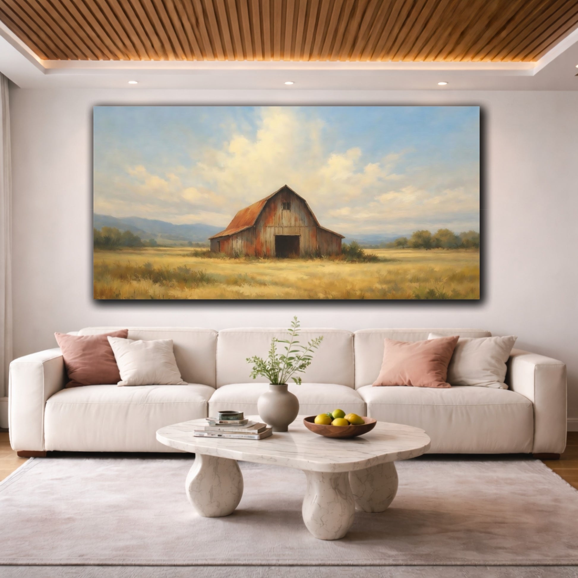 Mockup 3. Nature Rustic Barn Red Barn Golden Field shown as stretched canvas wall art