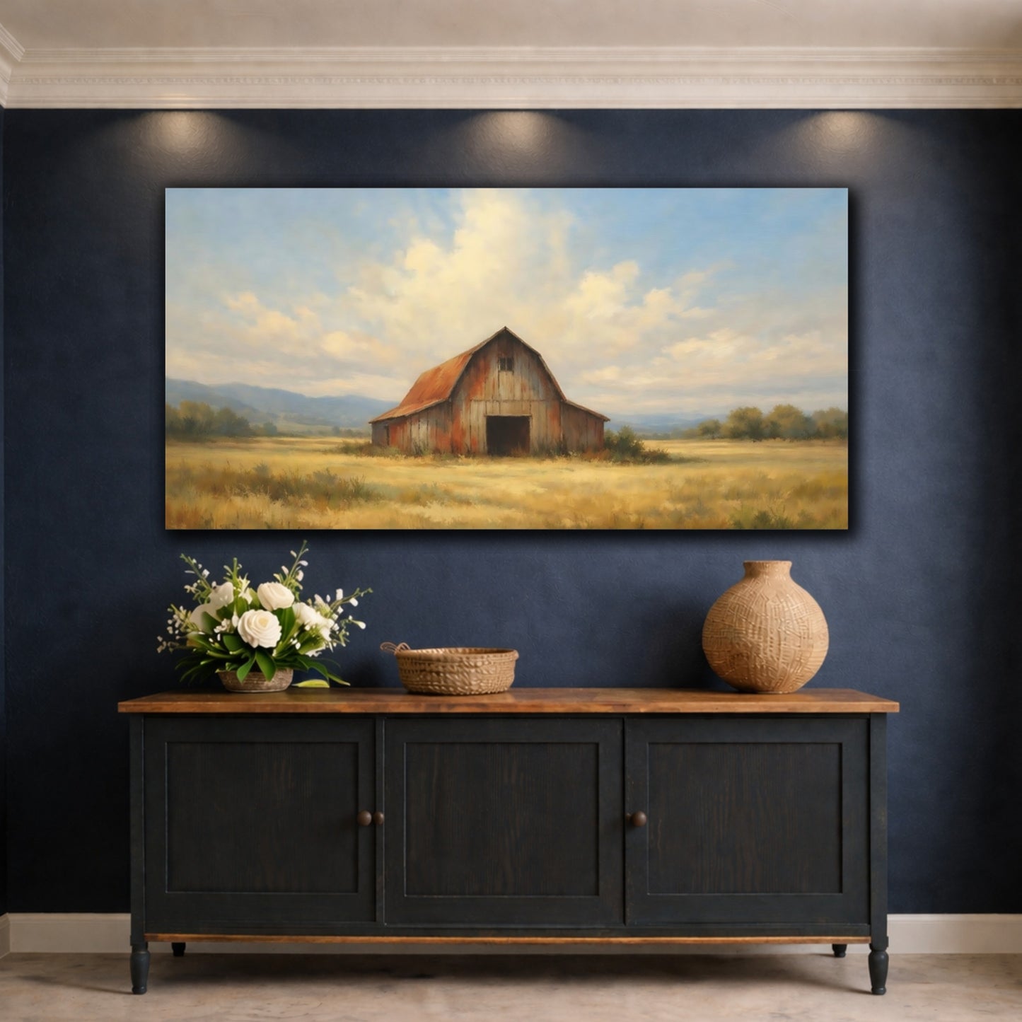 Mockup 4. Nature Rustic Barn Red Barn Golden Field shown as stretched canvas wall art
