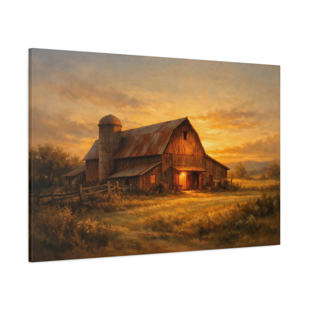 Main Mockup. Nature Rustic Barn Rustic Barn Sunset shown as stretched canvas wall art