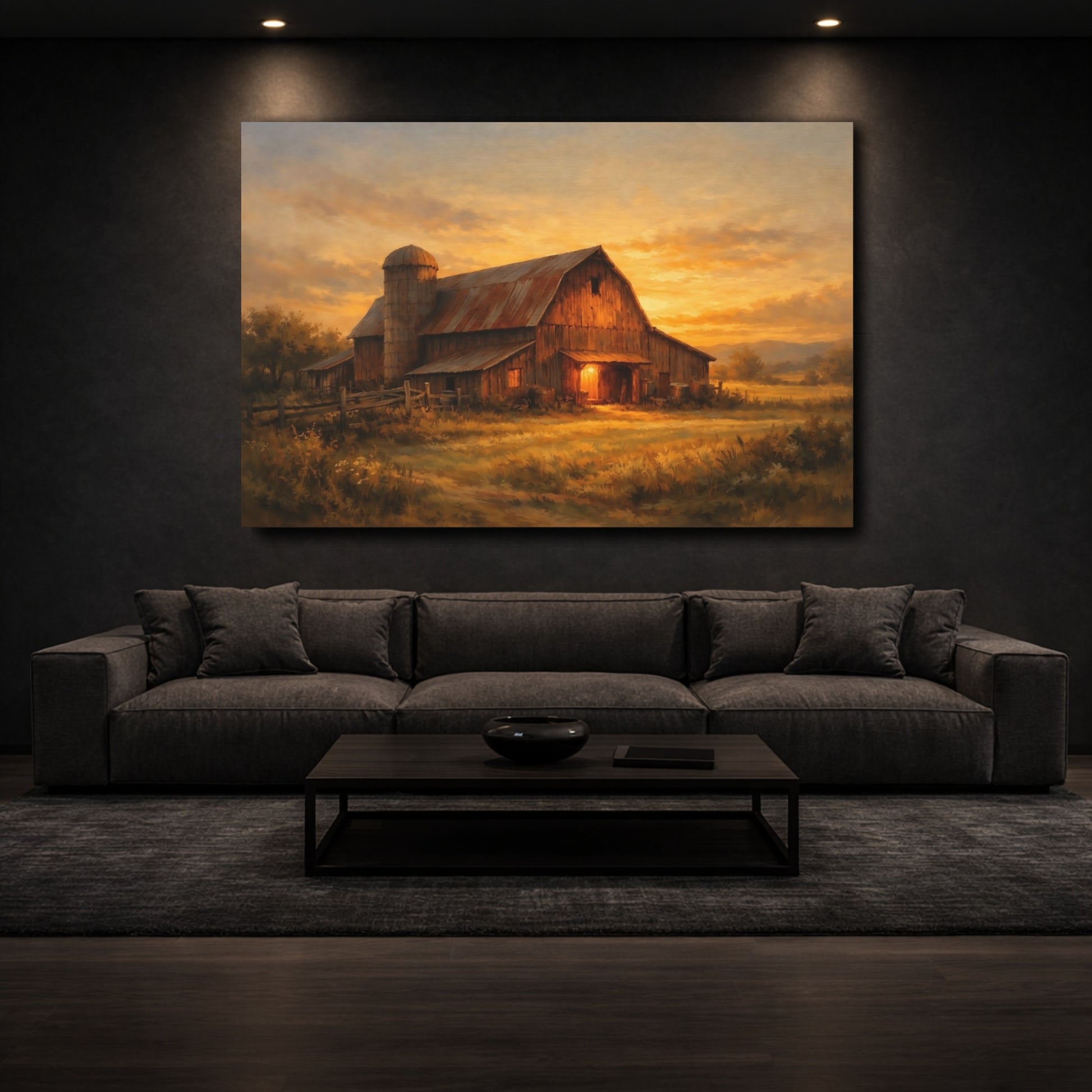 Mockup 2. Nature Rustic Barn Rustic Barn Sunset shown as stretched canvas wall art