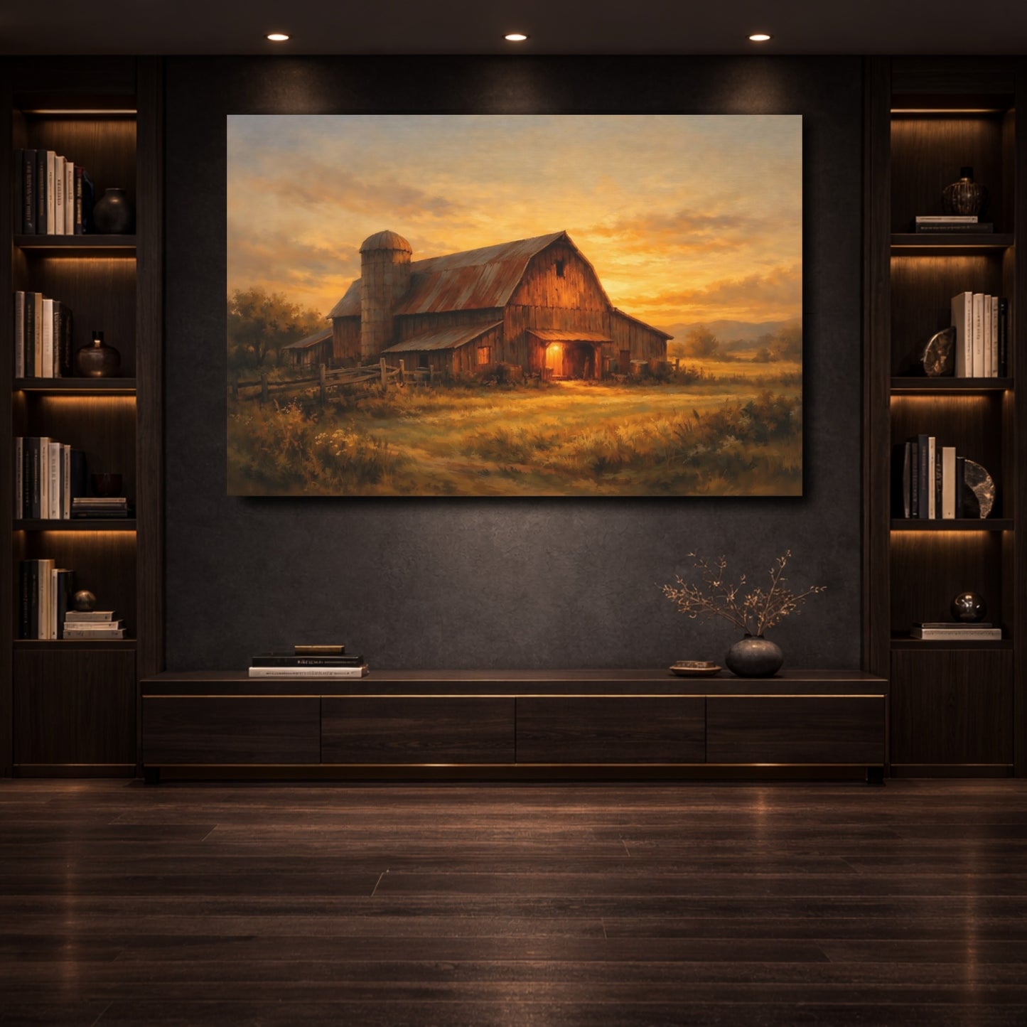 Mockup 3. Nature Rustic Barn Rustic Barn Sunset shown as stretched canvas wall art