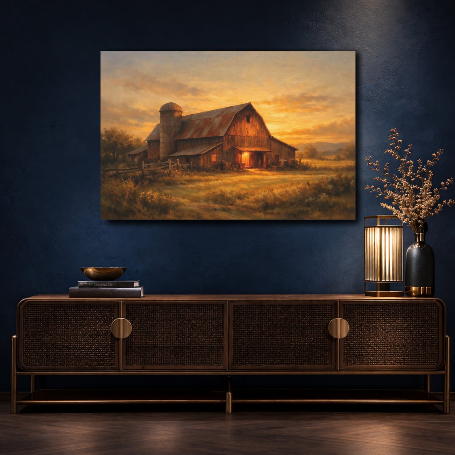 Mockup 4. Nature Rustic Barn Rustic Barn Sunset shown as stretched canvas wall art