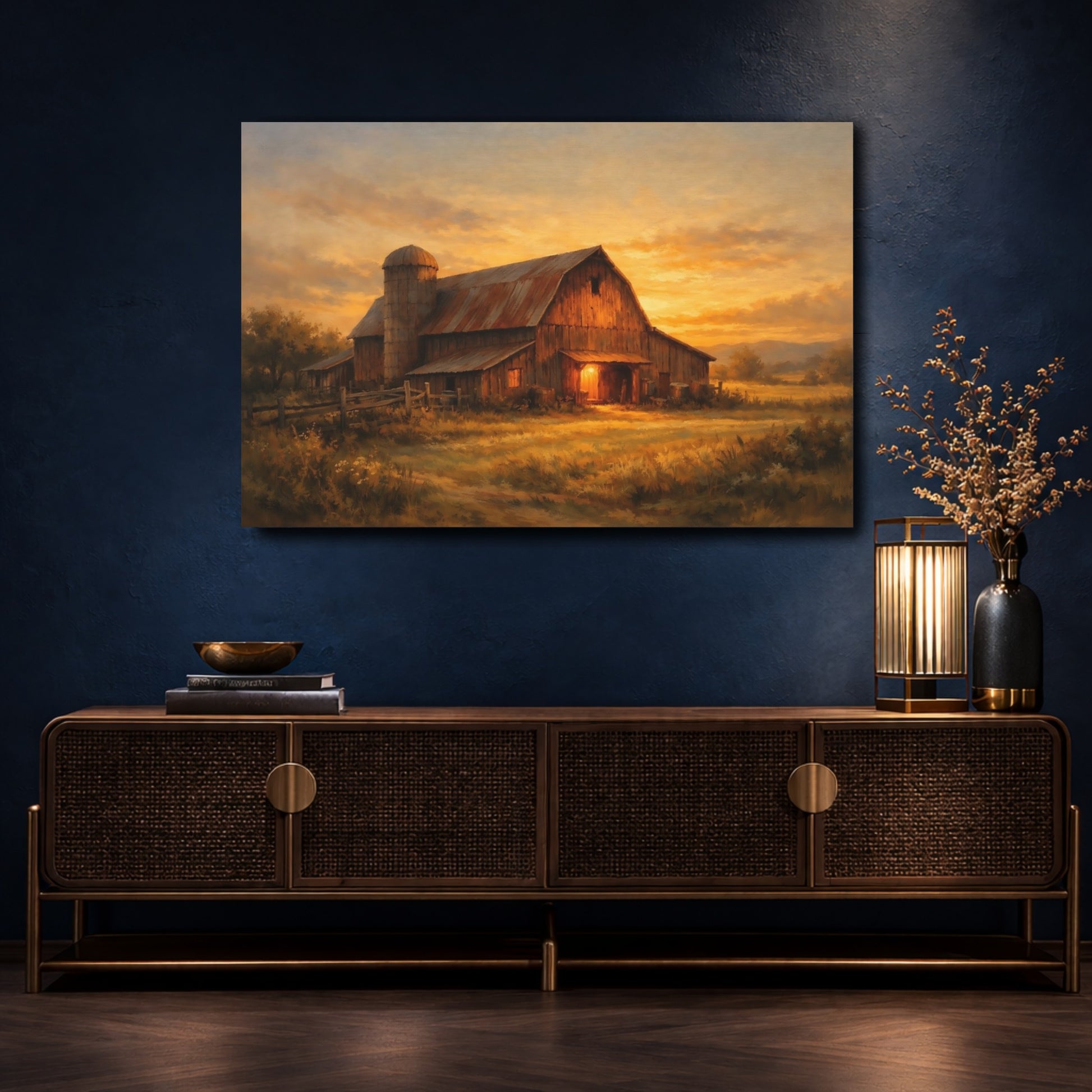 Mockup 4. Nature Rustic Barn Rustic Barn Sunset shown as stretched canvas wall art