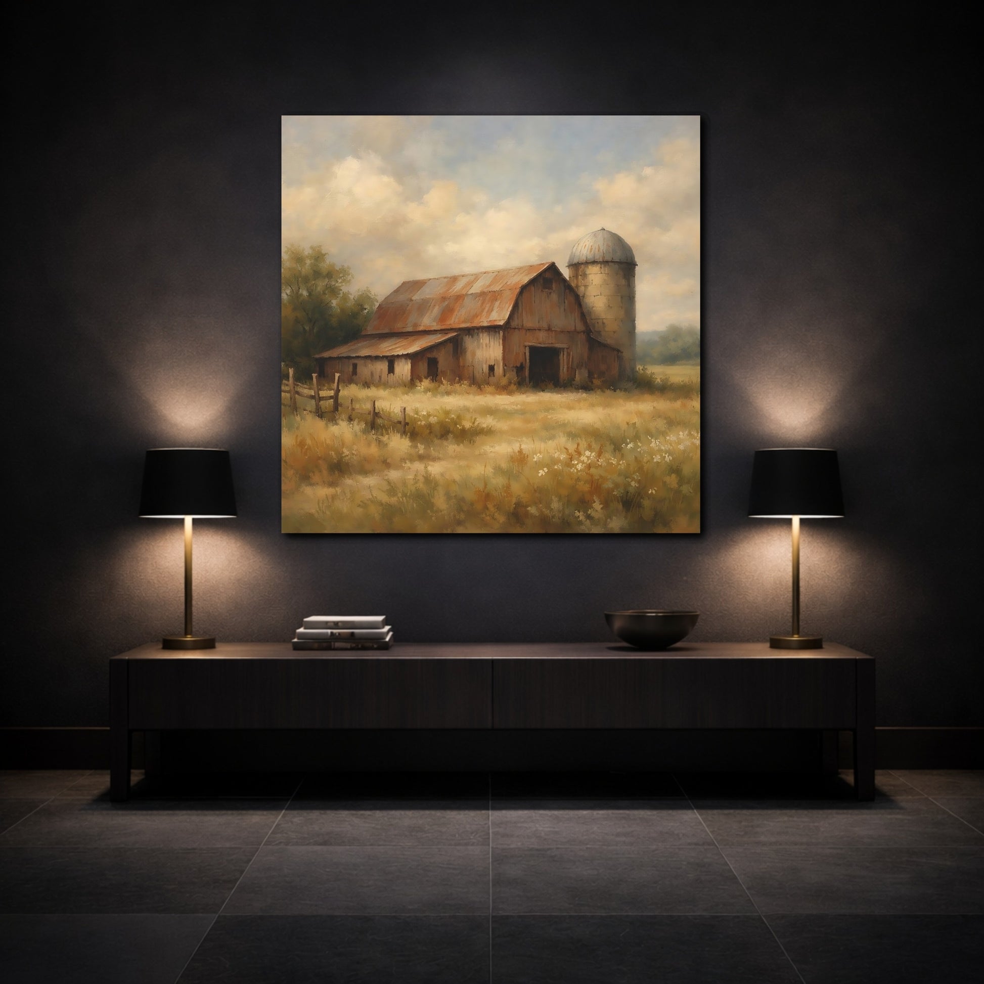 Mockup 3. Nature Rustic Barn Rustic Farmhouse shown as stretched canvas wall art