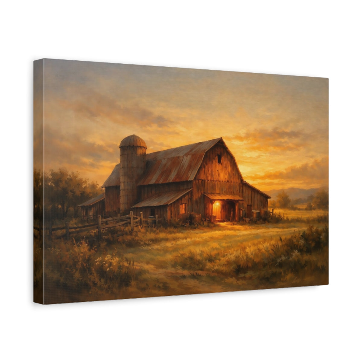 Side Mockup 4. Nature Rustic Barn Rustic Barn Sunset shown as stretched canvas wall art