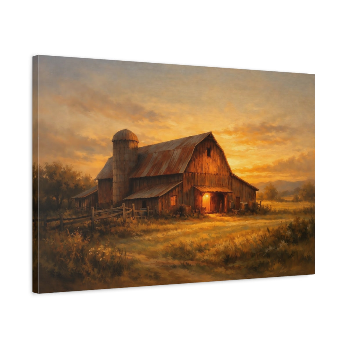 Side Mockup 2. Nature Rustic Barn Rustic Barn Sunset shown as stretched canvas wall art