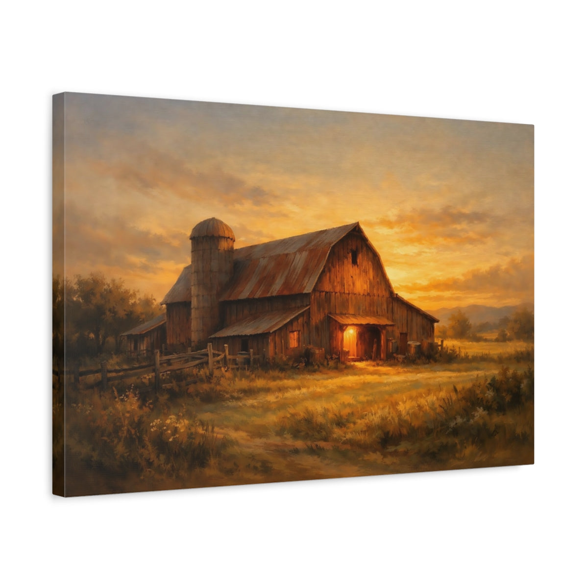 Side Mockup 3. Nature Rustic Barn Rustic Barn Sunset shown as stretched canvas wall art