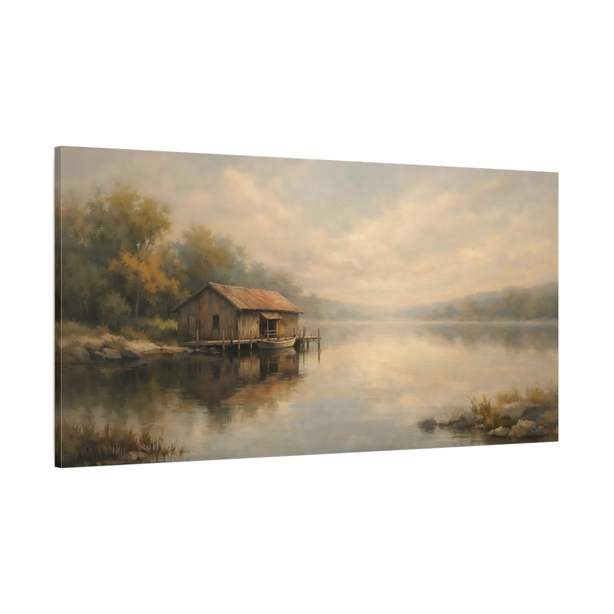 Main Mockup. Nature Rustic Boathouse Misty Lake Landscape shown as stretched canvas wall art