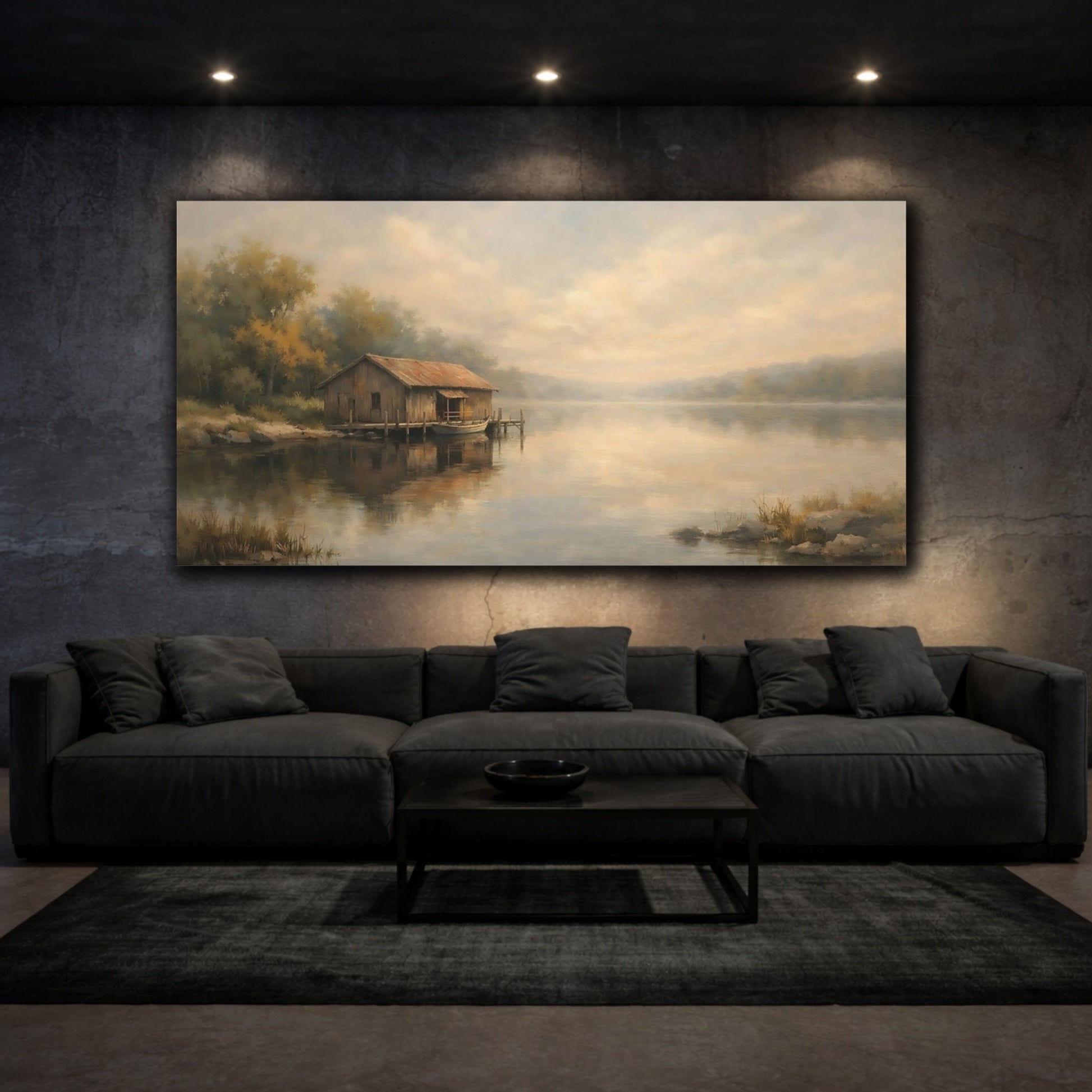 Mockup 2. Nature Rustic Boathouse Misty Lake Landscape shown as stretched canvas wall art