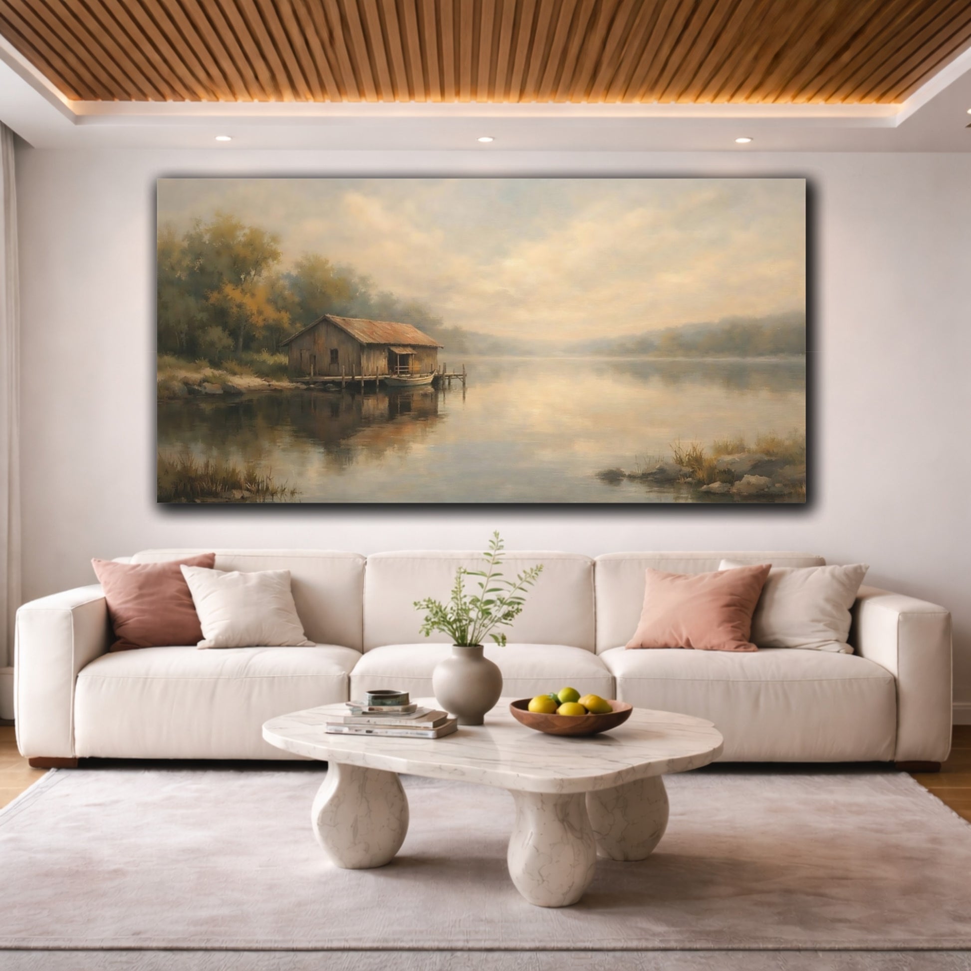Mockup 3. Nature Rustic Boathouse Misty Lake Landscape shown as stretched canvas wall art