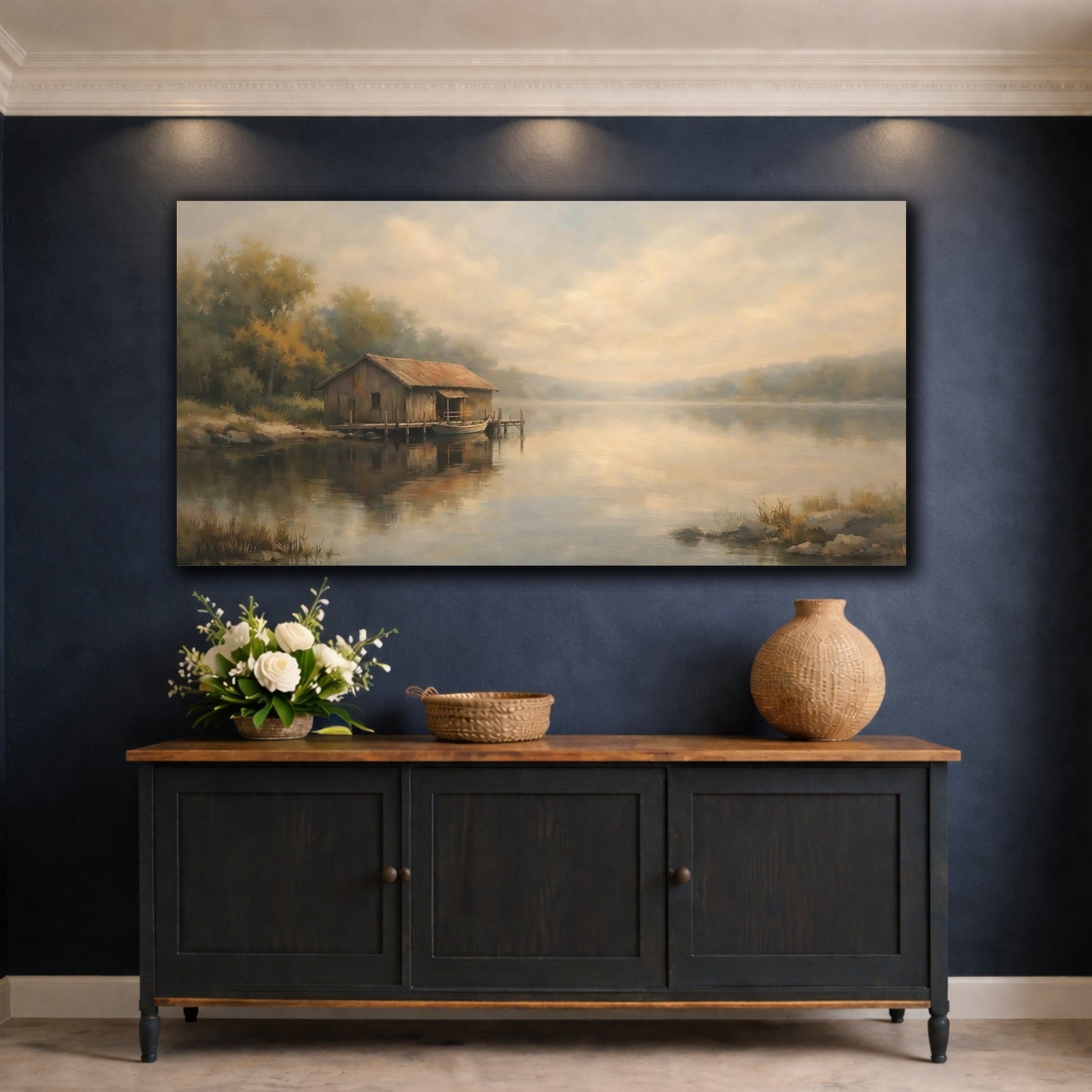 Mockup 4. Nature Rustic Boathouse Misty Lake Landscape shown as stretched canvas wall art