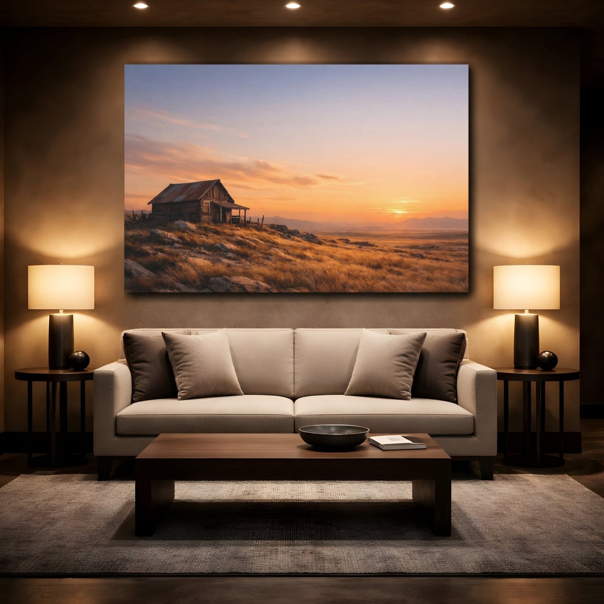 Nature Rustic Cabin Sunset Landscape - Canvas Wall Art Print - YesArtYes