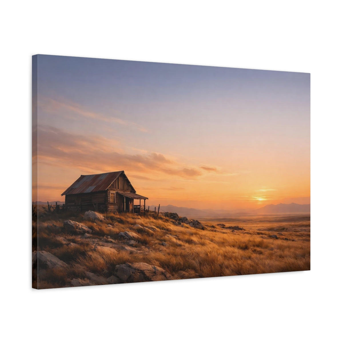 Side Mockup 2. Nature Rustic Cabin Sunset Landscape shown as stretched canvas wall art