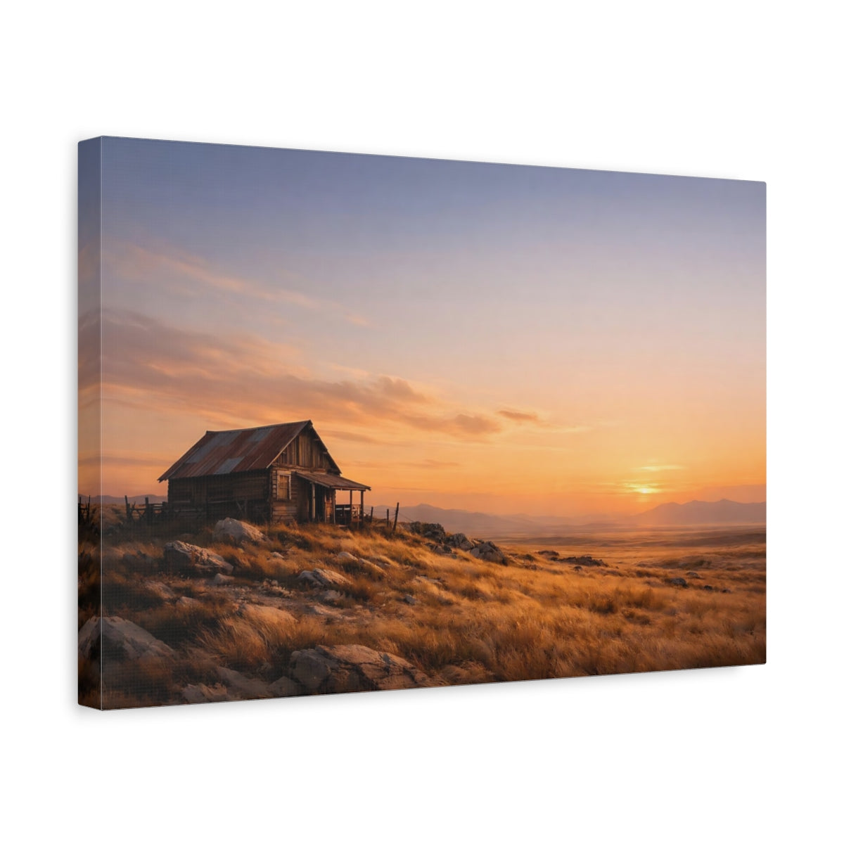 Side Mockup 4. Nature Rustic Cabin Sunset Landscape shown as stretched canvas wall art