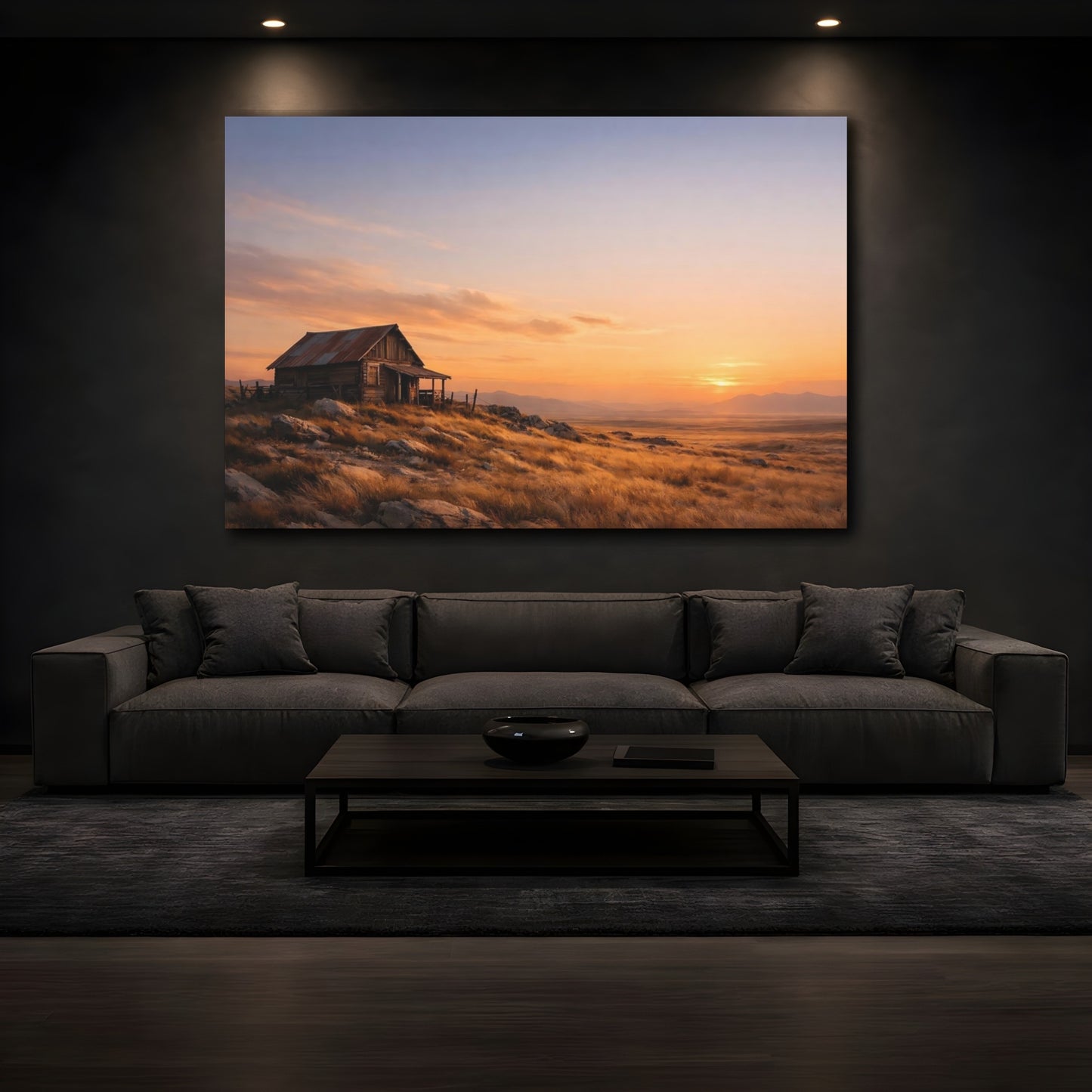 Mockup 2. Nature Rustic Cabin Sunset Landscape shown as stretched canvas wall art