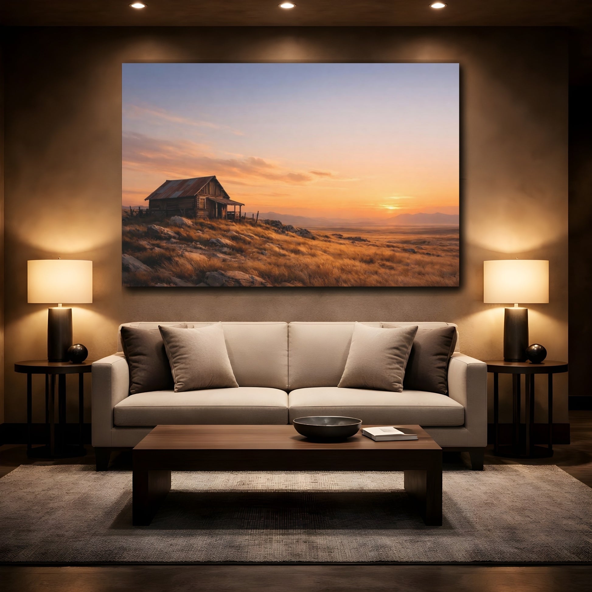 Mockup 3. Nature Rustic Cabin Sunset Landscape shown as stretched canvas wall art