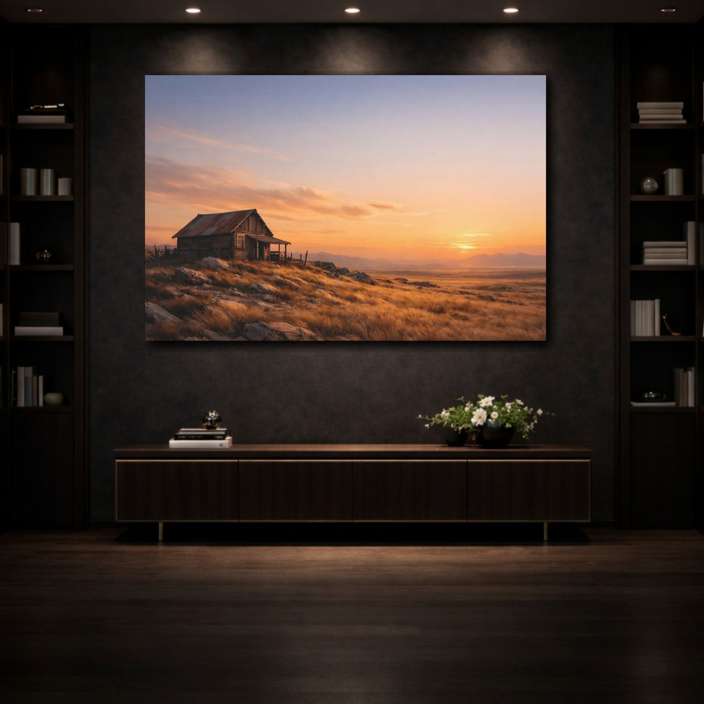 Mockup 4. Nature Rustic Cabin Sunset Landscape shown as stretched canvas wall art