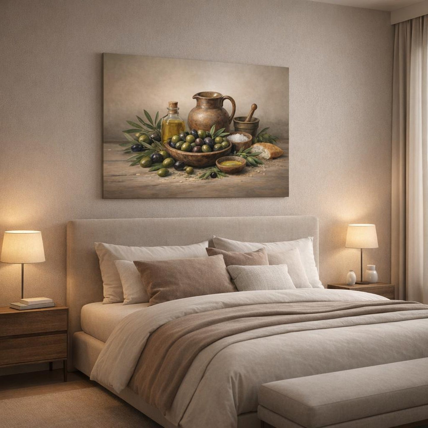 Nature Rustic Olives shown as canvas wall art in a luxury bedroom