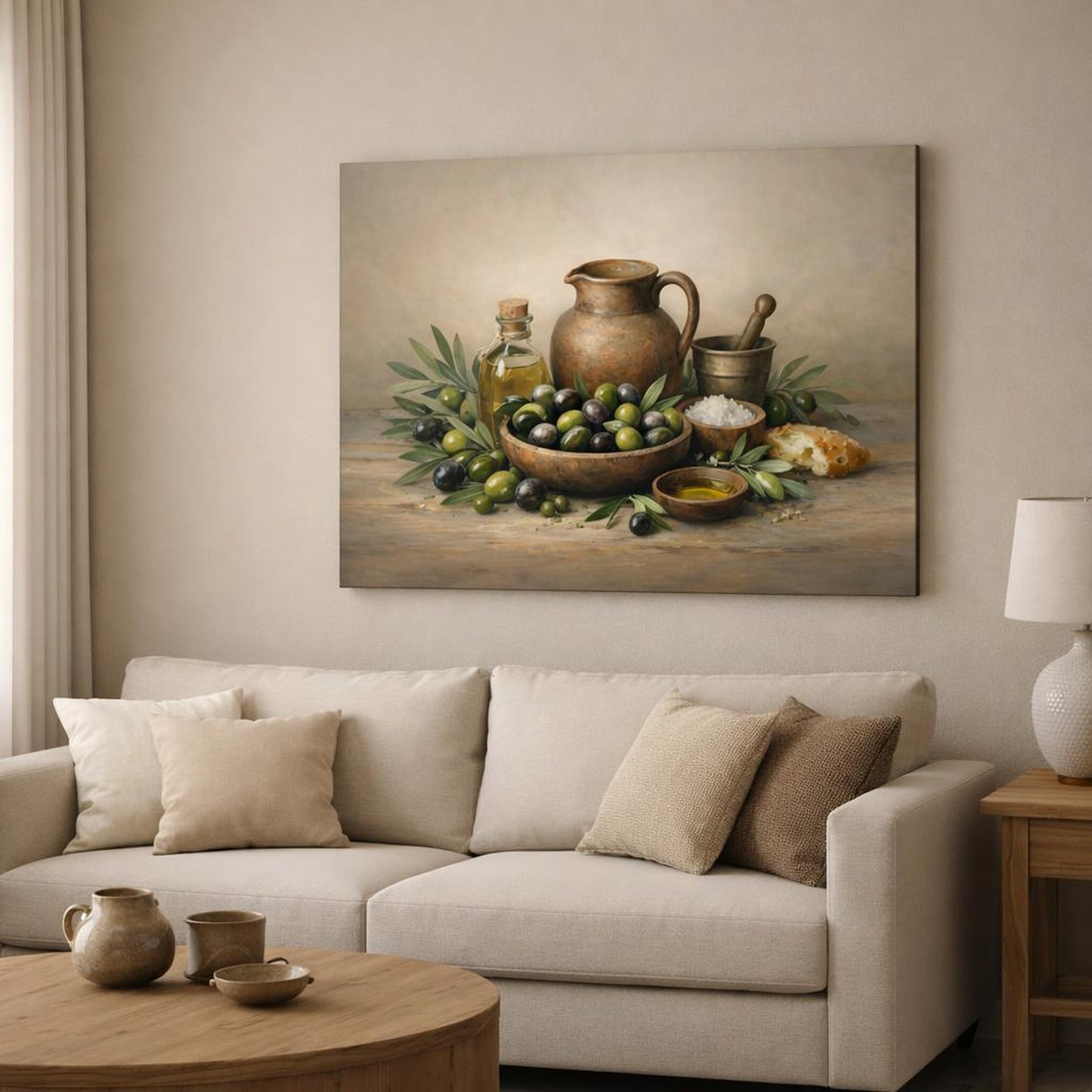 Nature Rustic Olives shown as canvas wall art in a modern living room