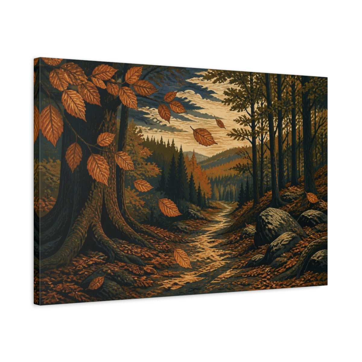 Side Mockup 2. Nature's Autumn Forest Path shown as canvas print