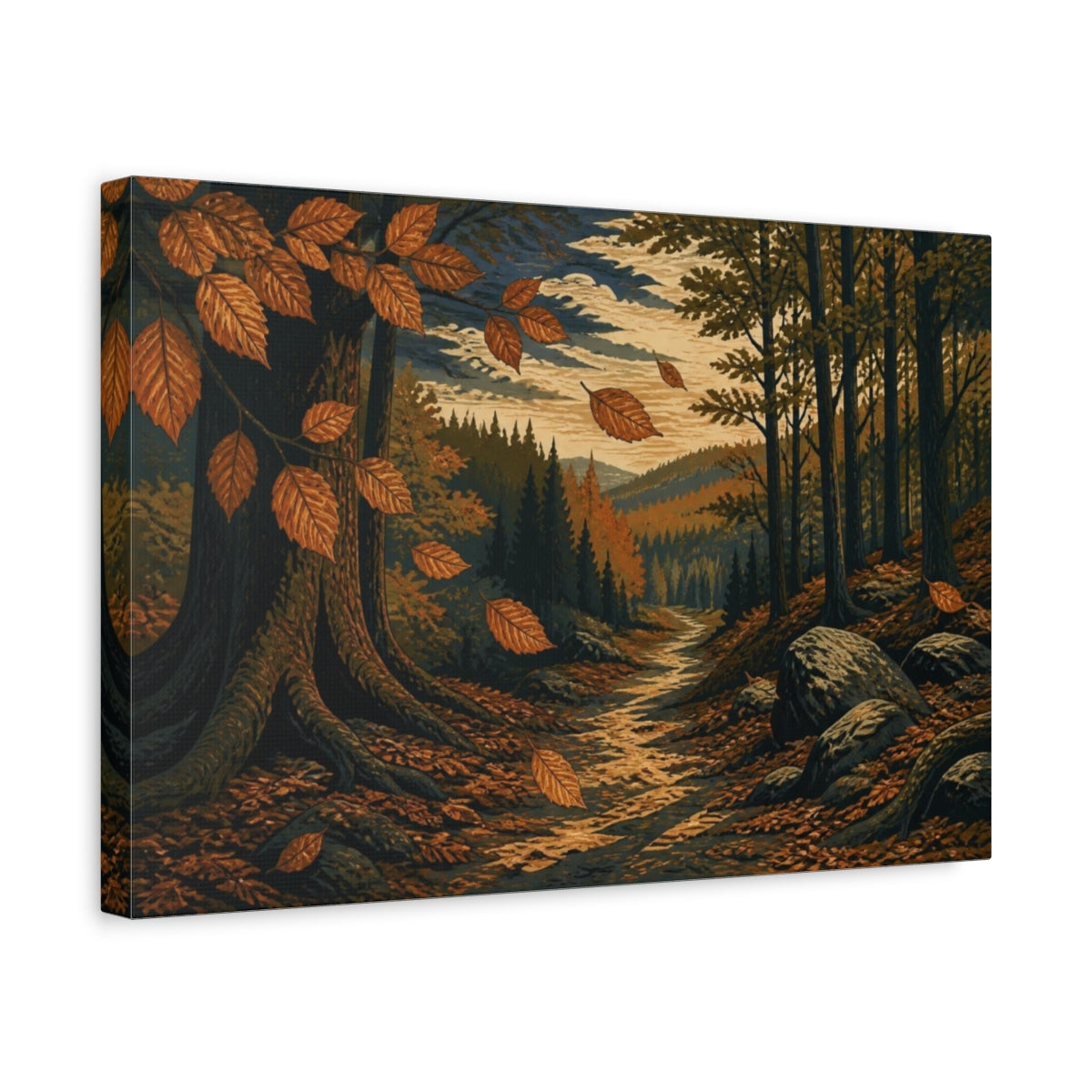 Side Mockup 4. Nature's Autumn Forest Path shown as canvas print
