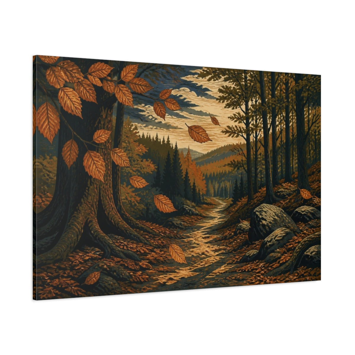 Side Mockup 1. Nature's Autumn Forest Path shown as canvas print