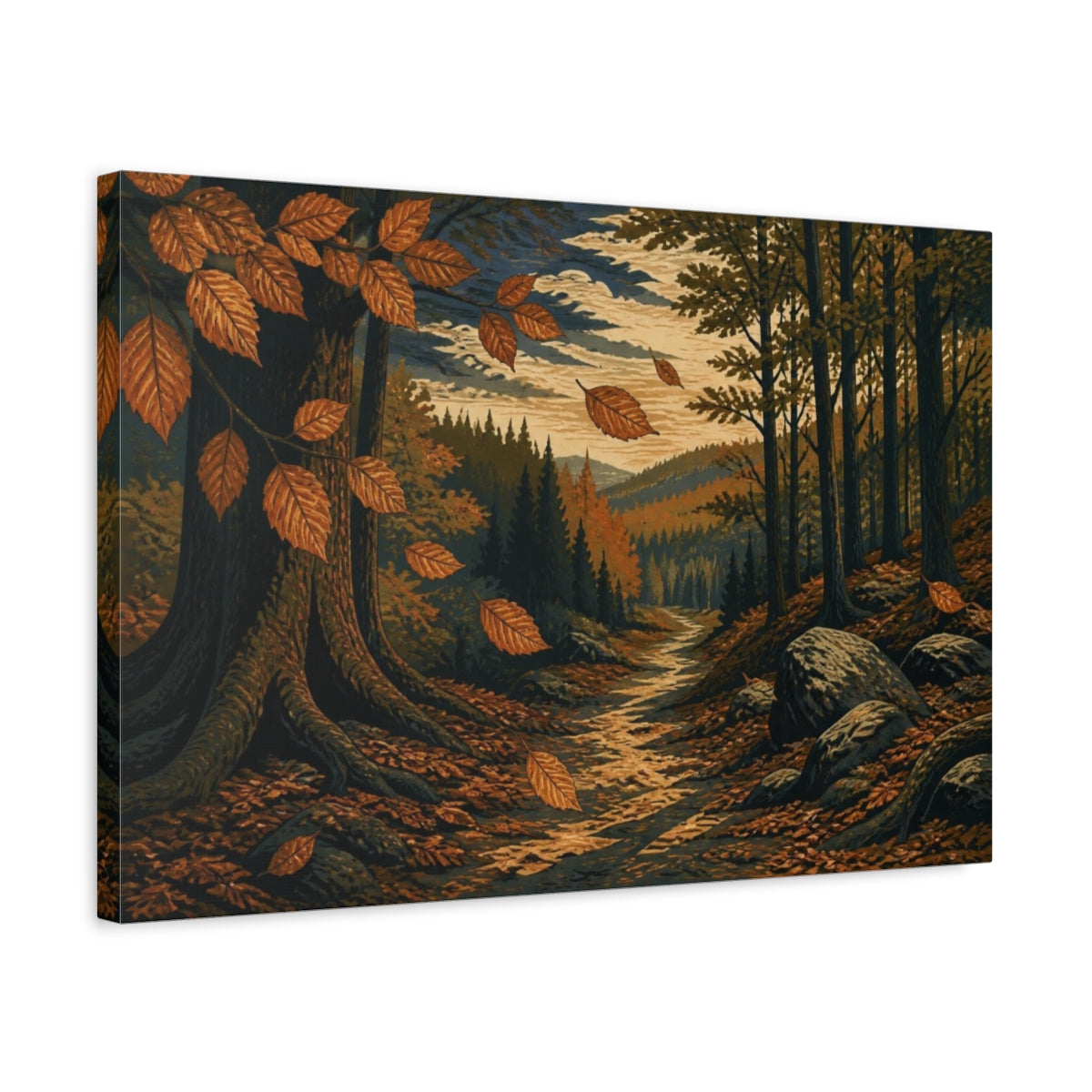 Side Mockup 3. Nature's Autumn Forest Path shown as canvas print