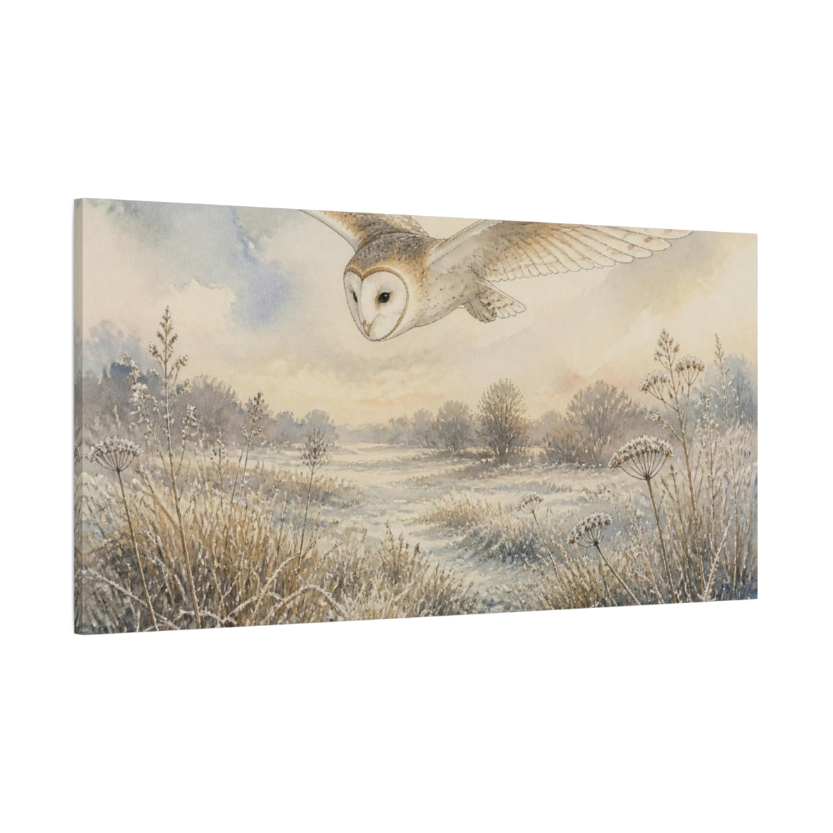 Side Mockup 2. Nature's Barn Owl In Flight shown as canvas print