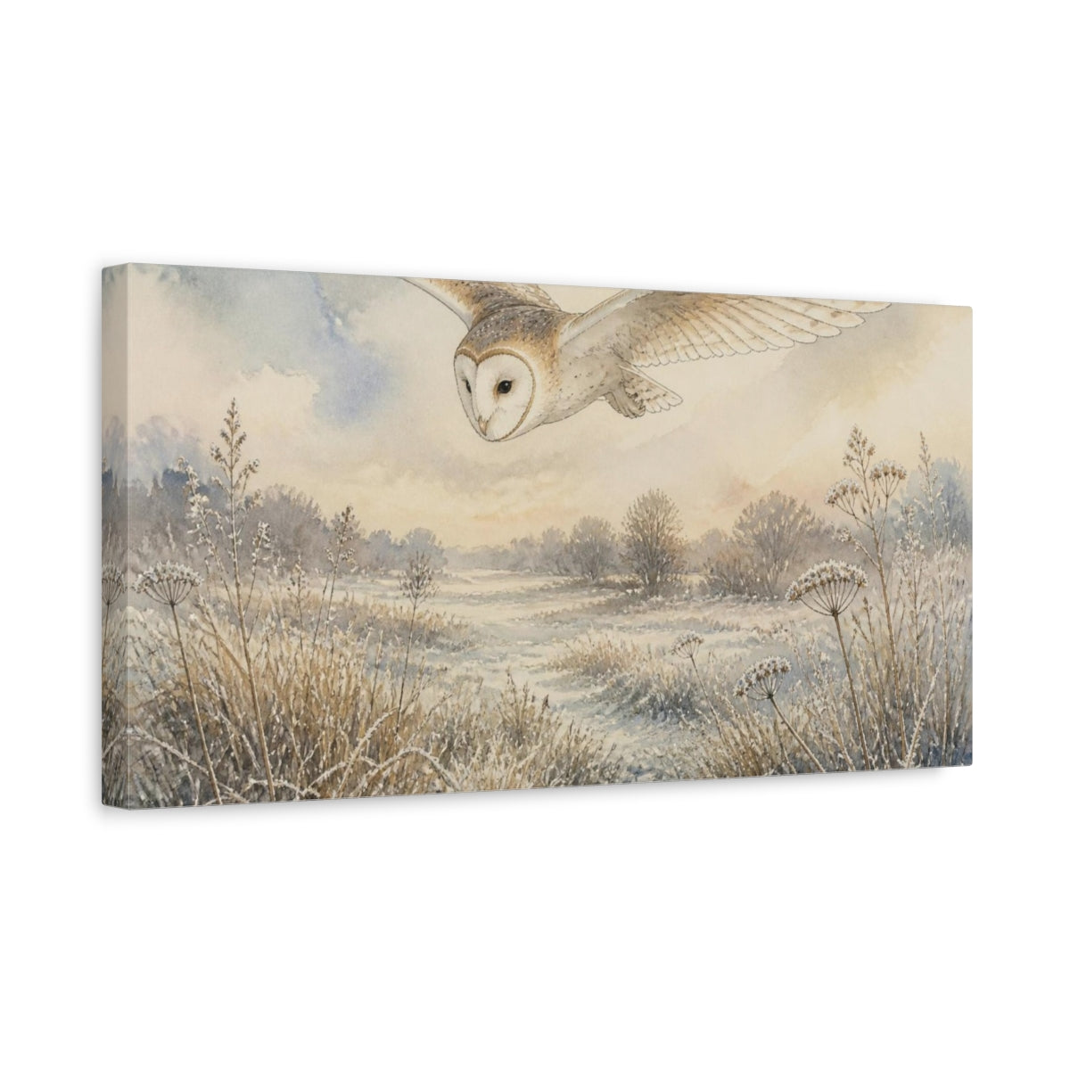 Side Mockup 3. Nature's Barn Owl In Flight shown as canvas print