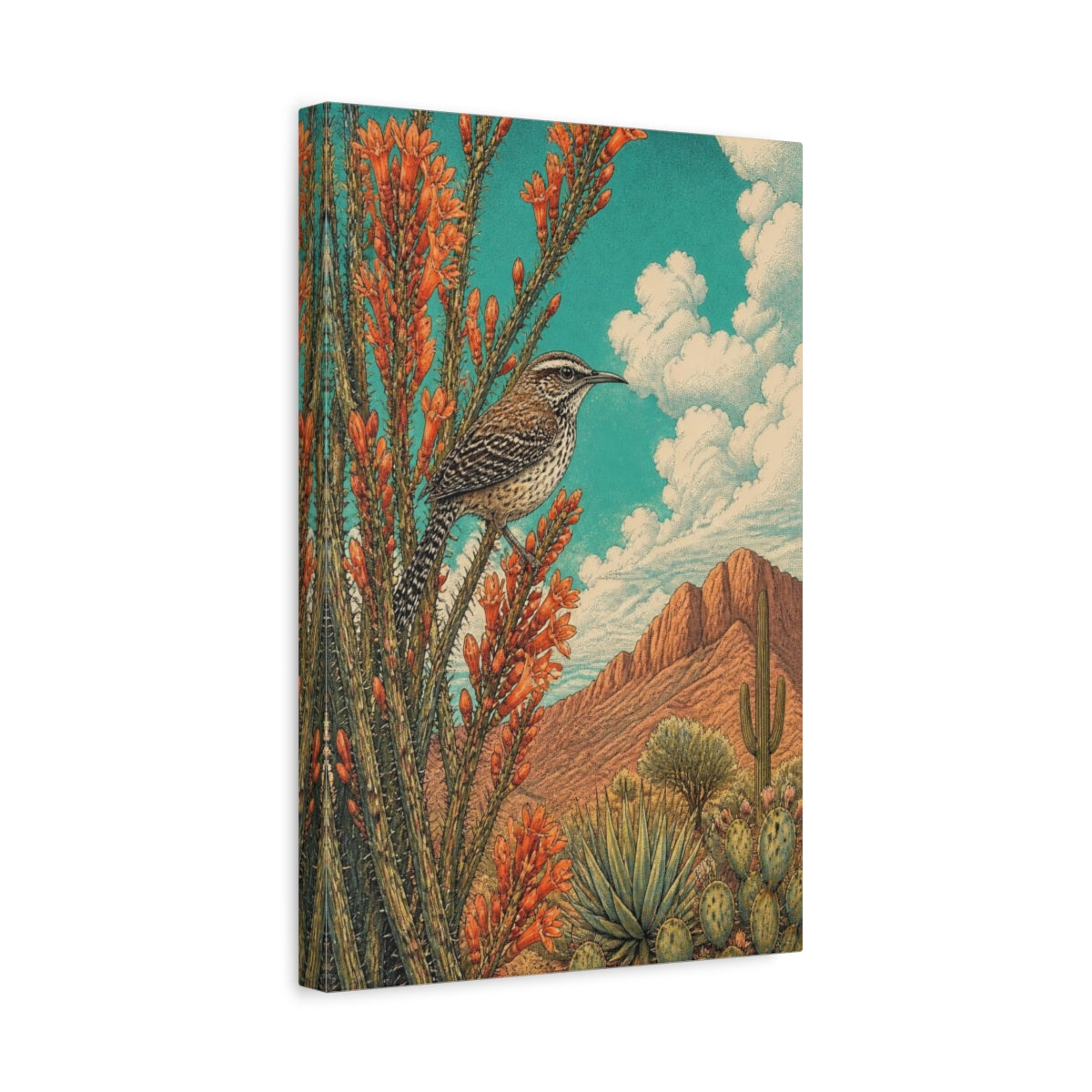 Side Mockup 4. Nature's Cactus Wren shown as canvas print