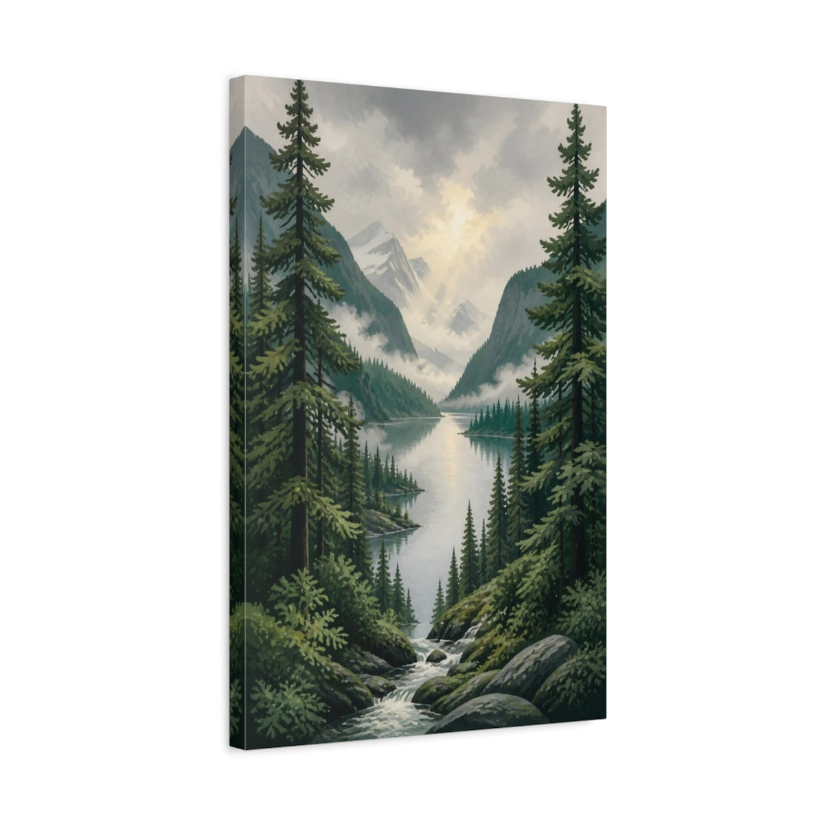 Side Mockup 3. Nature's Misty Lake shown as canvas print