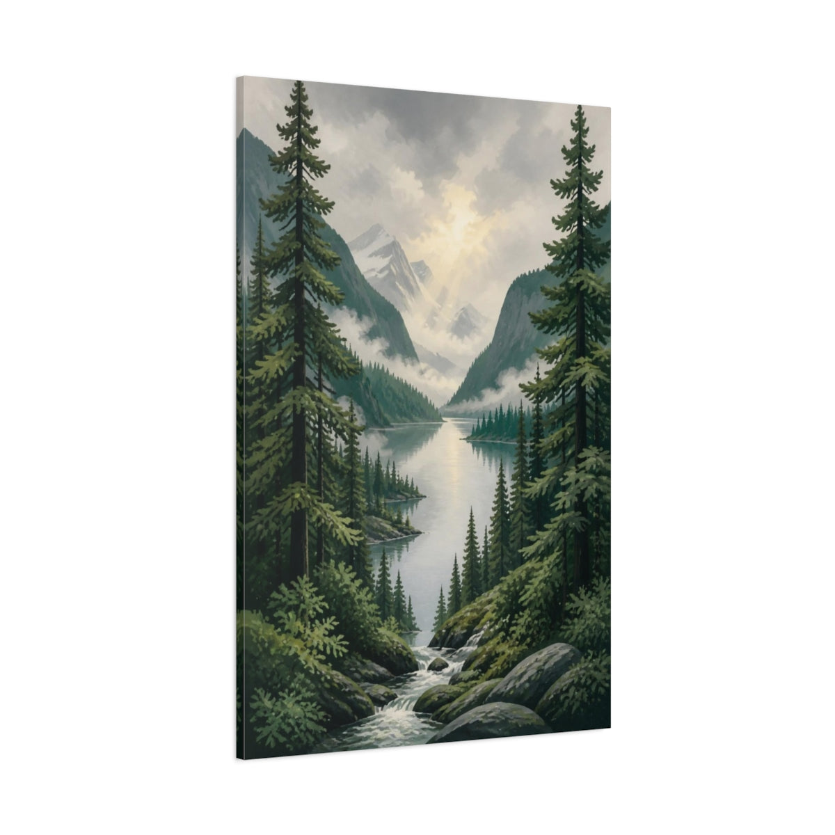 Side Mockup 1. Nature's Misty Lake shown as canvas print