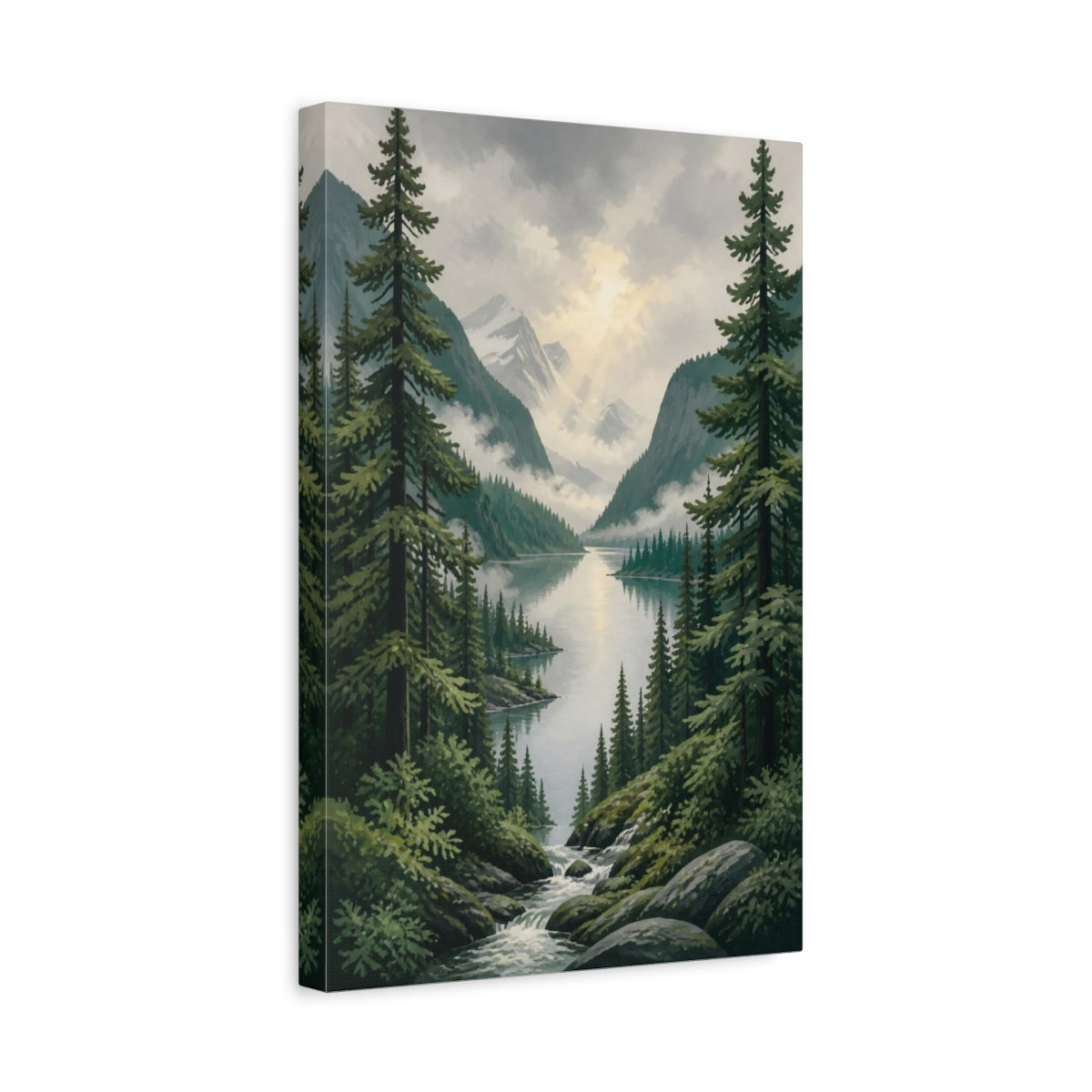 Side Mockup 4. Nature's Misty Lake shown as canvas print
