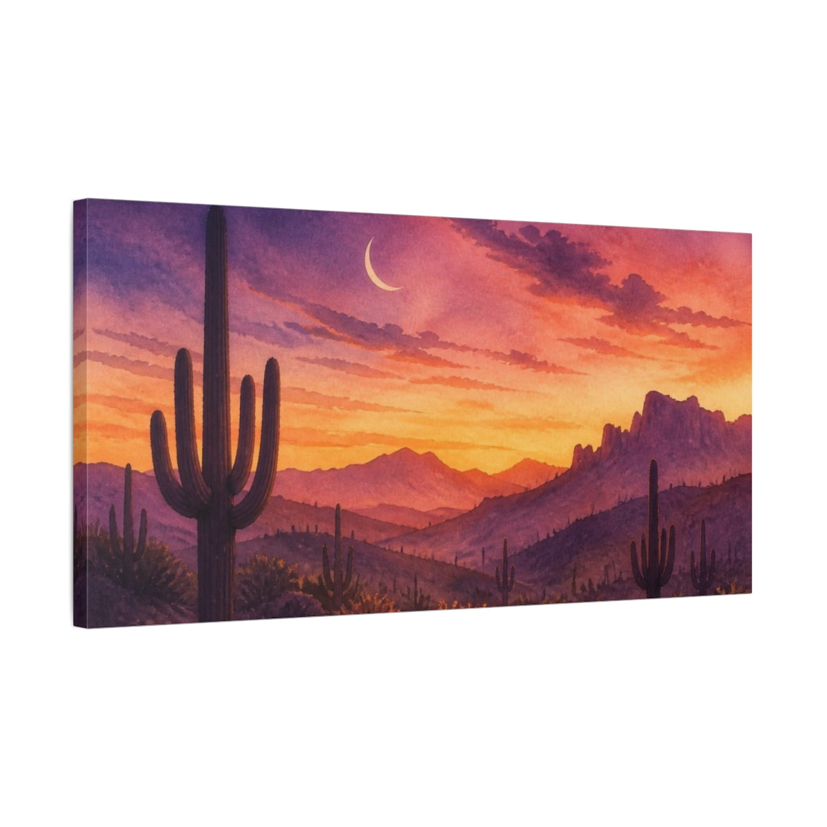 Side Mockup 1. Nature's Saguaro Sunset shown as canvas print
