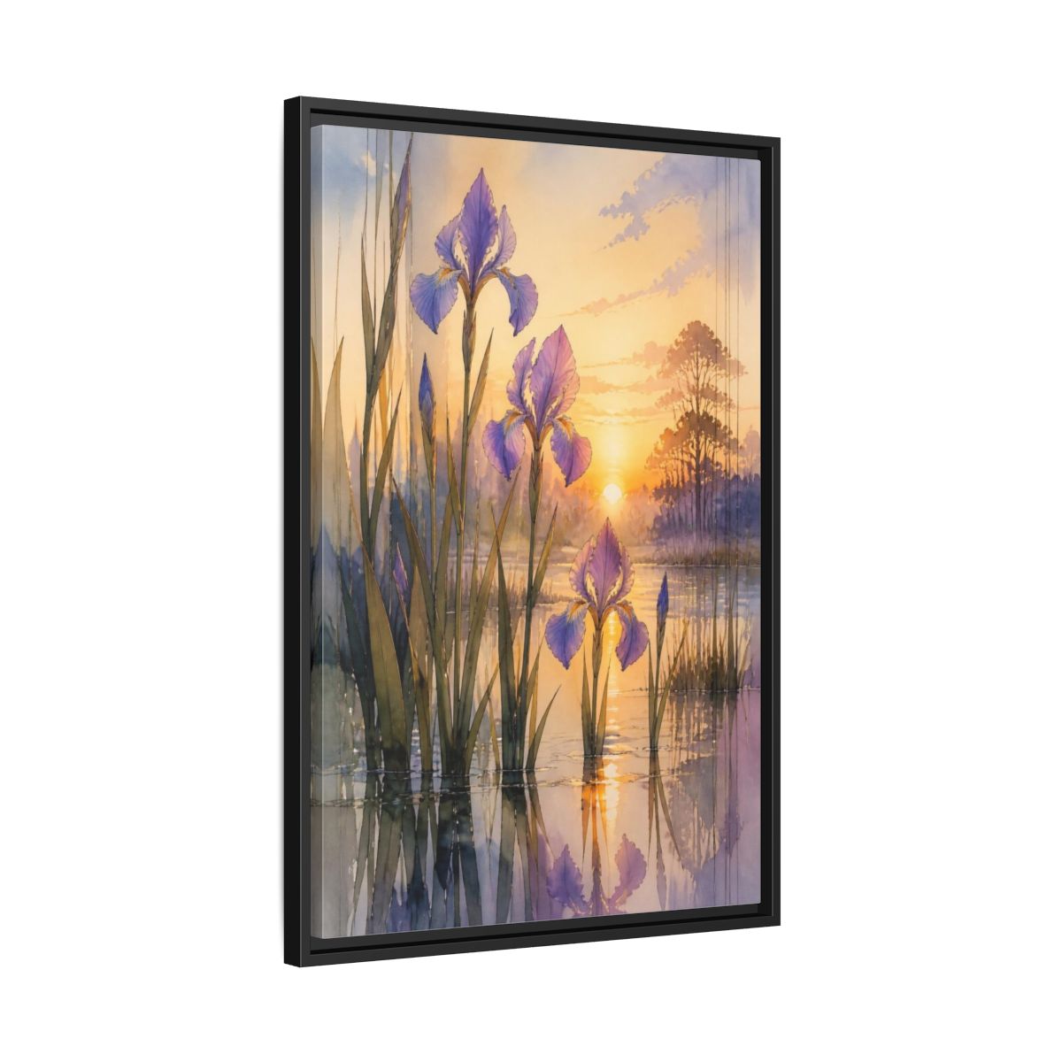 Side Mockup 14. Nature's Wild Iris Sunrise shown as framed canvas print
