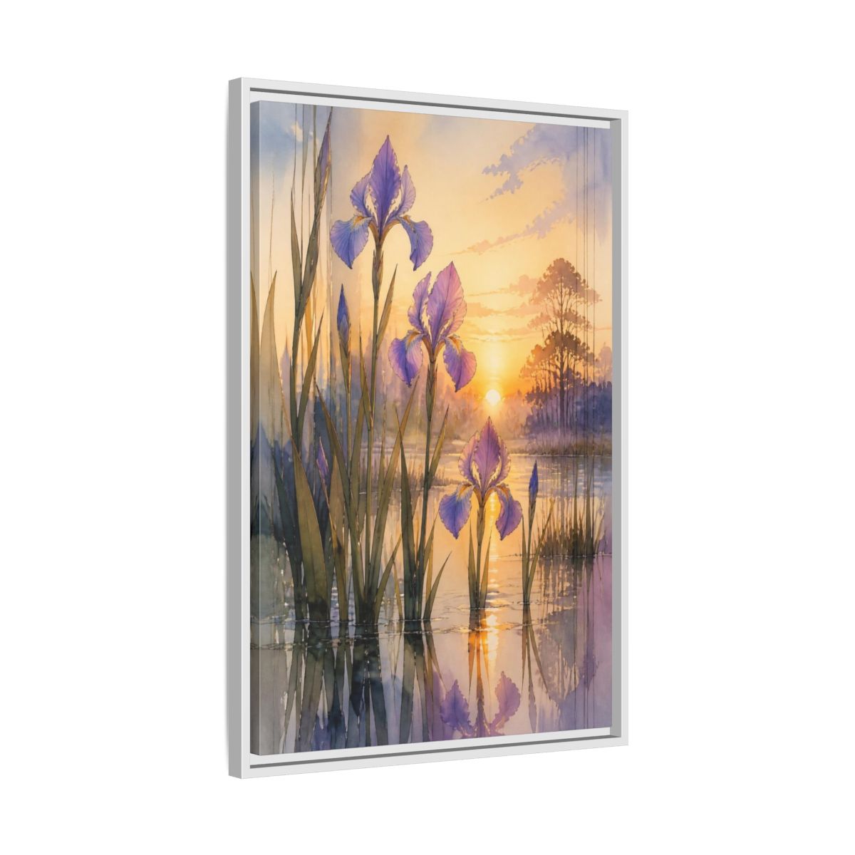 Side Mockup 10. Nature's Wild Iris Sunrise shown as framed canvas print