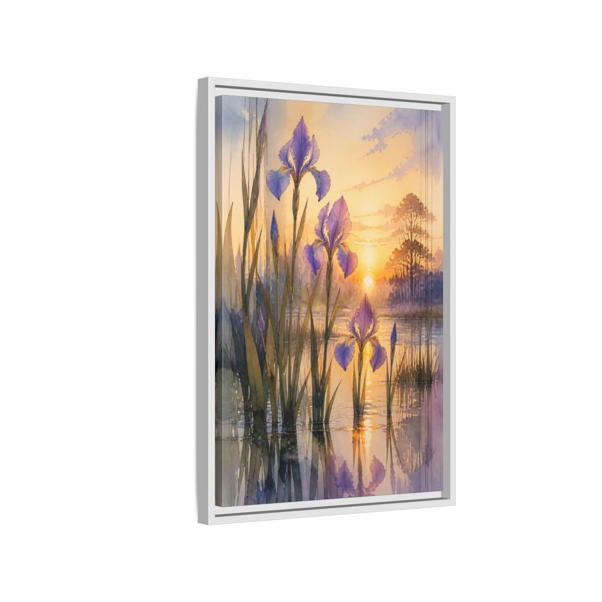 Side Mockup 1. Nature's Wild Iris Sunrise shown as framed canvas print