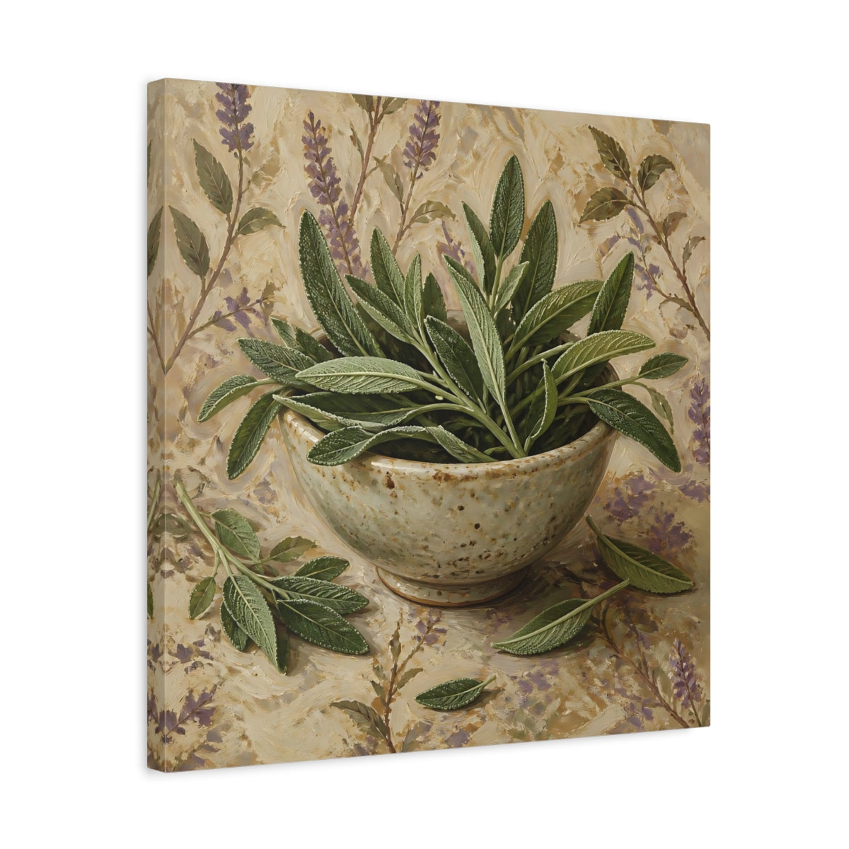 Side Mockup 5. Nature Sage Leaves Green Sage shown as stretched canvas wall art