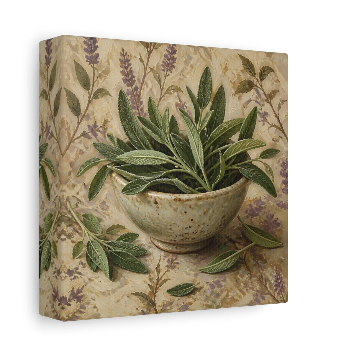 Side Mockup 2. Nature Sage Leaves Green Sage shown as stretched canvas wall art