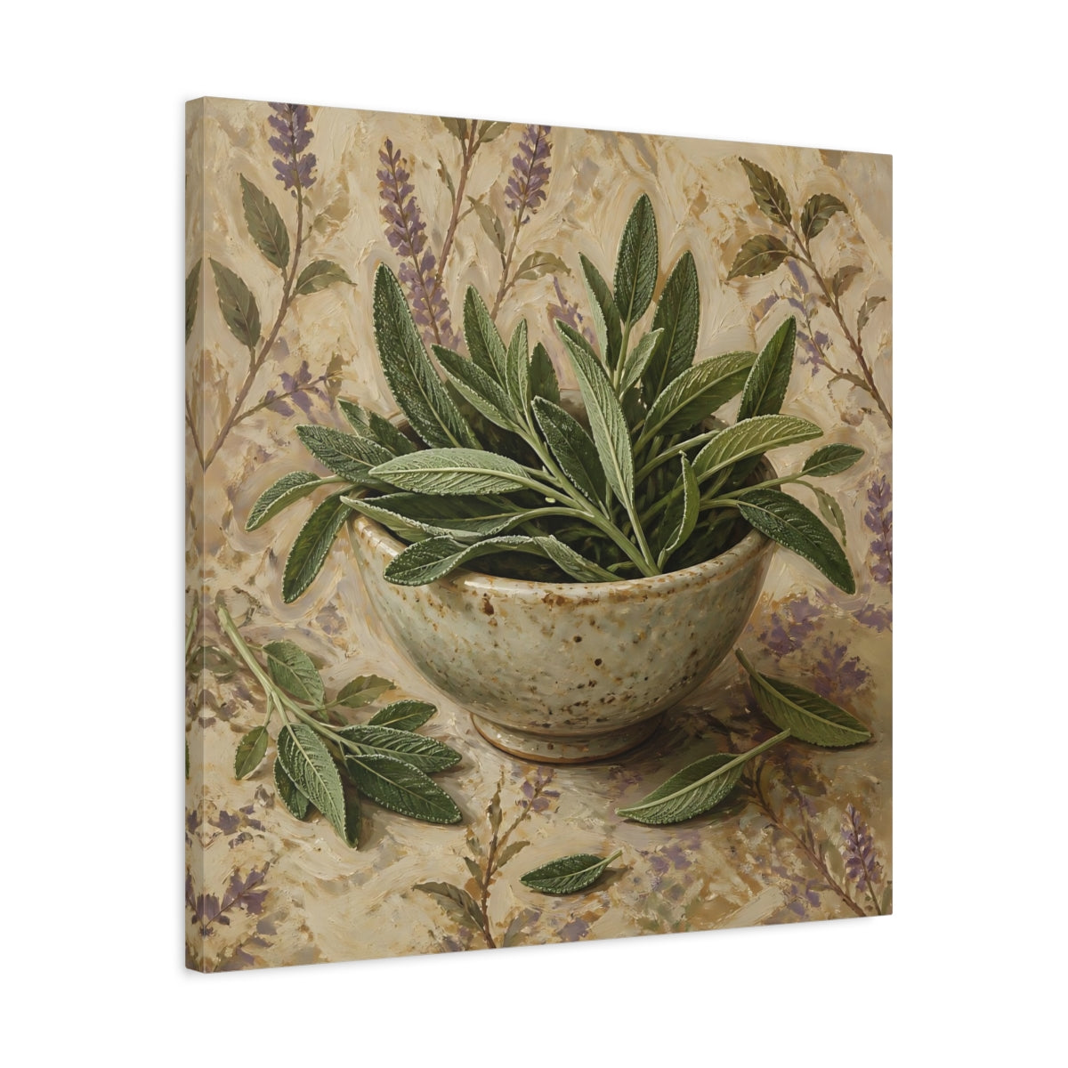 Side Mockup 4. Nature Sage Leaves Green Sage shown as stretched canvas wall art